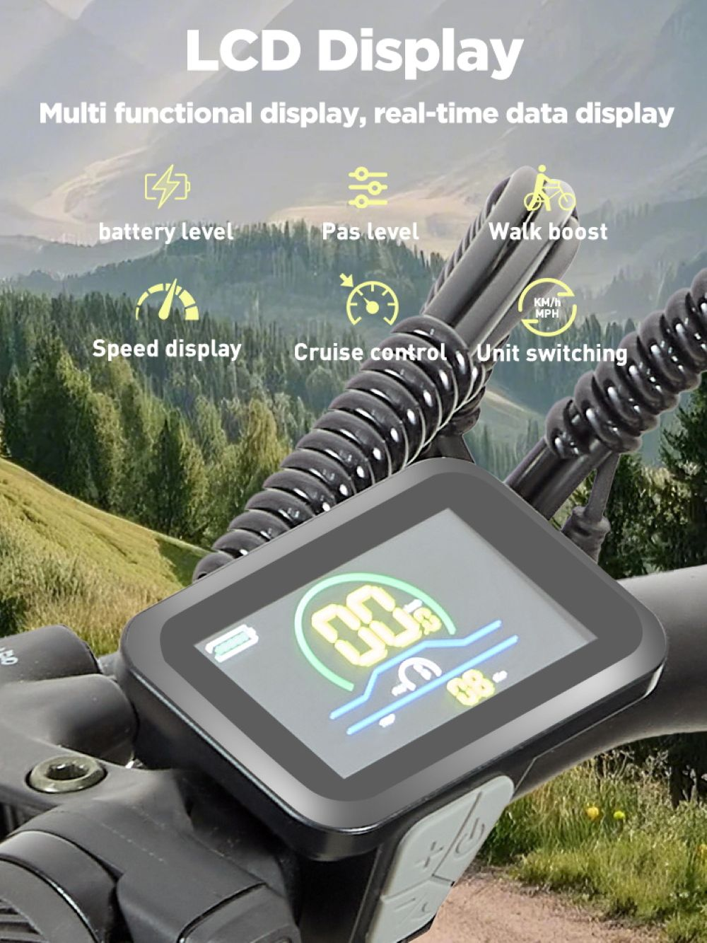 Display LCD di monopattino elettrico con livelli batteria, velocità e PAS.