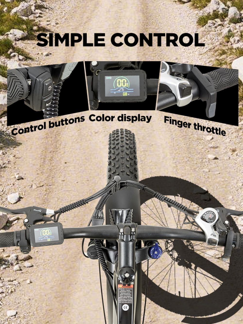 Primo piano del manubrio di una e-bike con display a colori e pulsanti di controllo.