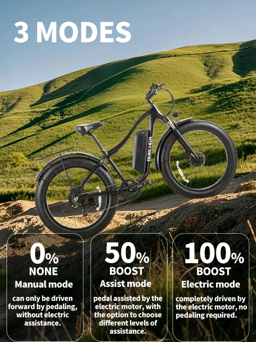 Una bici elettrica nera è esposta su uno sfondo di colline verdi, mostrando 3 modalità: 0% Manuale, 50% Assistita, 100% Elettrica.