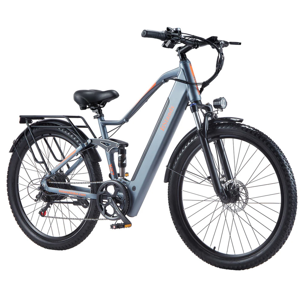 E-bike grigia full-suspension con portapacchi, faro e accenti arancioni.