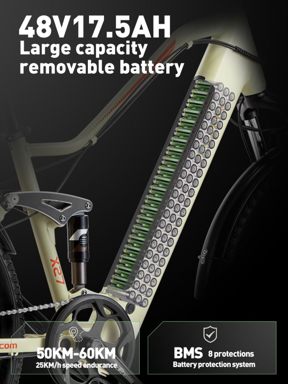 Una e-bike con batteria rimovibile 48V 17.5AH, autonomia 50-60 km.