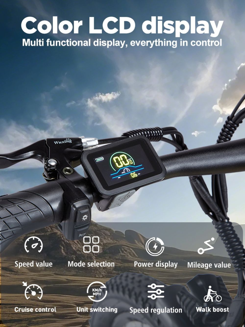Display LCD a colori del manubrio di una e-bike che mostra velocità, modalità, potenza e chilometraggio.