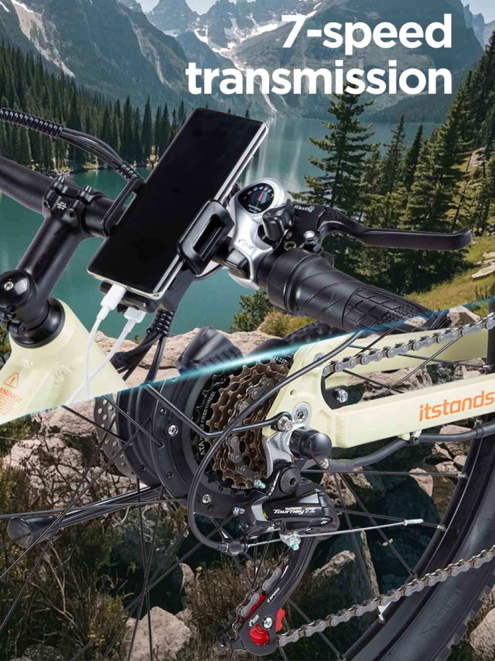 Manubrio e-bike con supporto telefono e ingranaggi posteriori con sfondo lago di montagna.