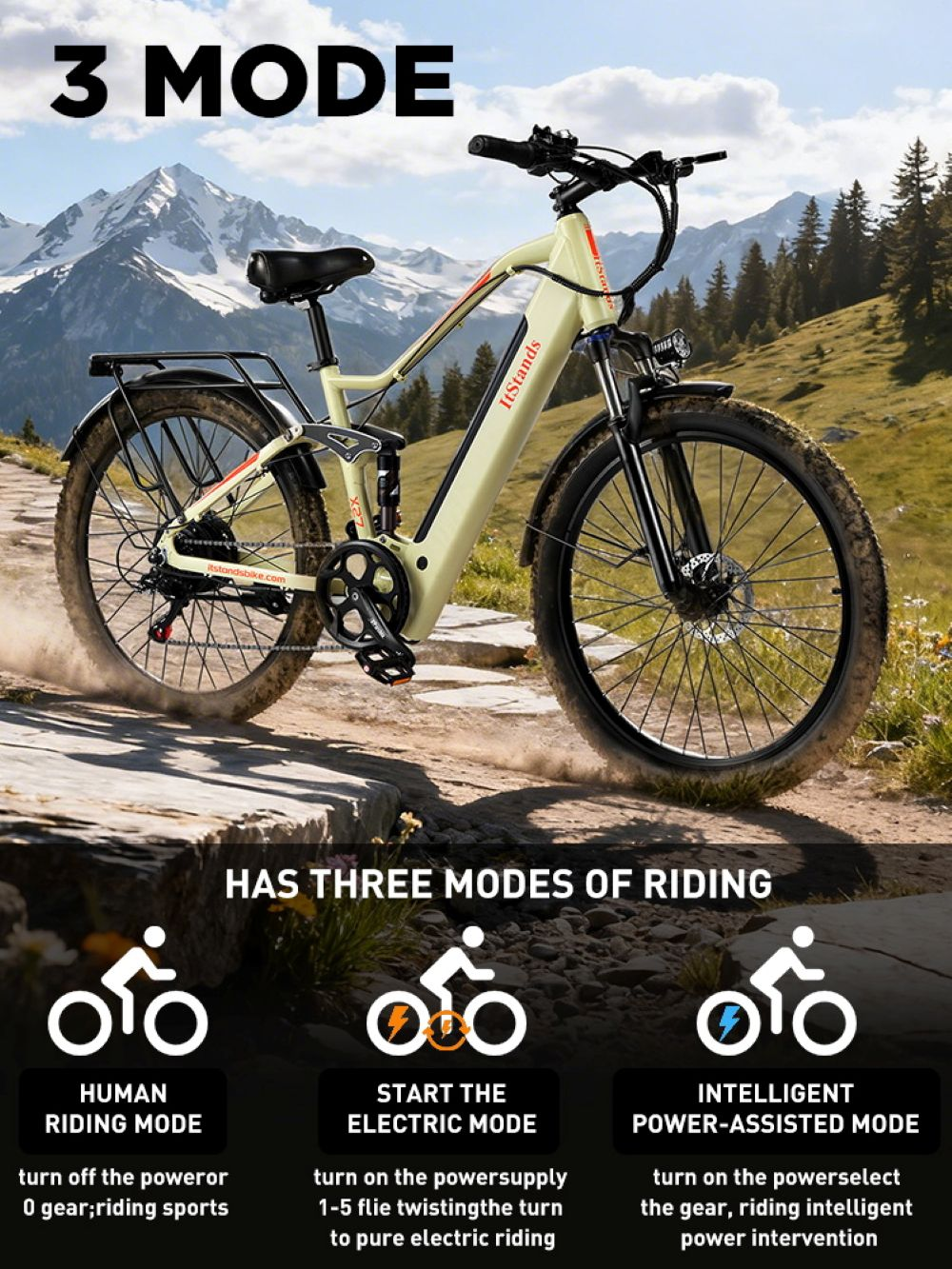 Una e-bike beige chiaro siede su un sentiero roccioso davanti a un paesaggio montano.
