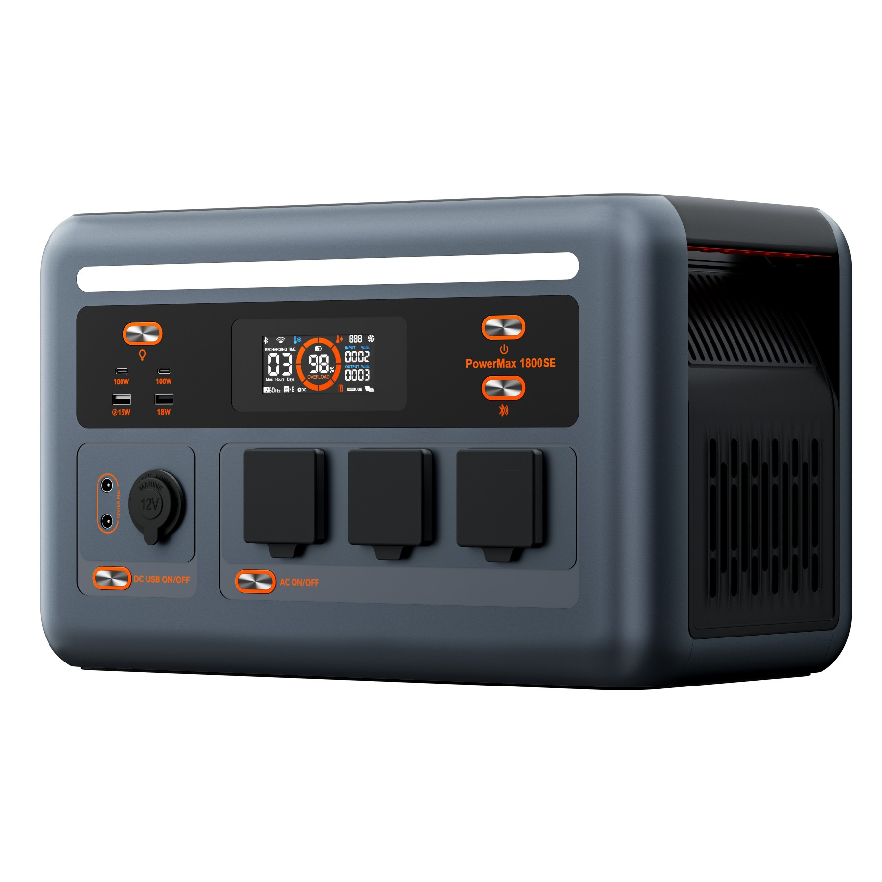 PowerMax 1800SE gris con pantalla, enchufes y puerto de 12V.