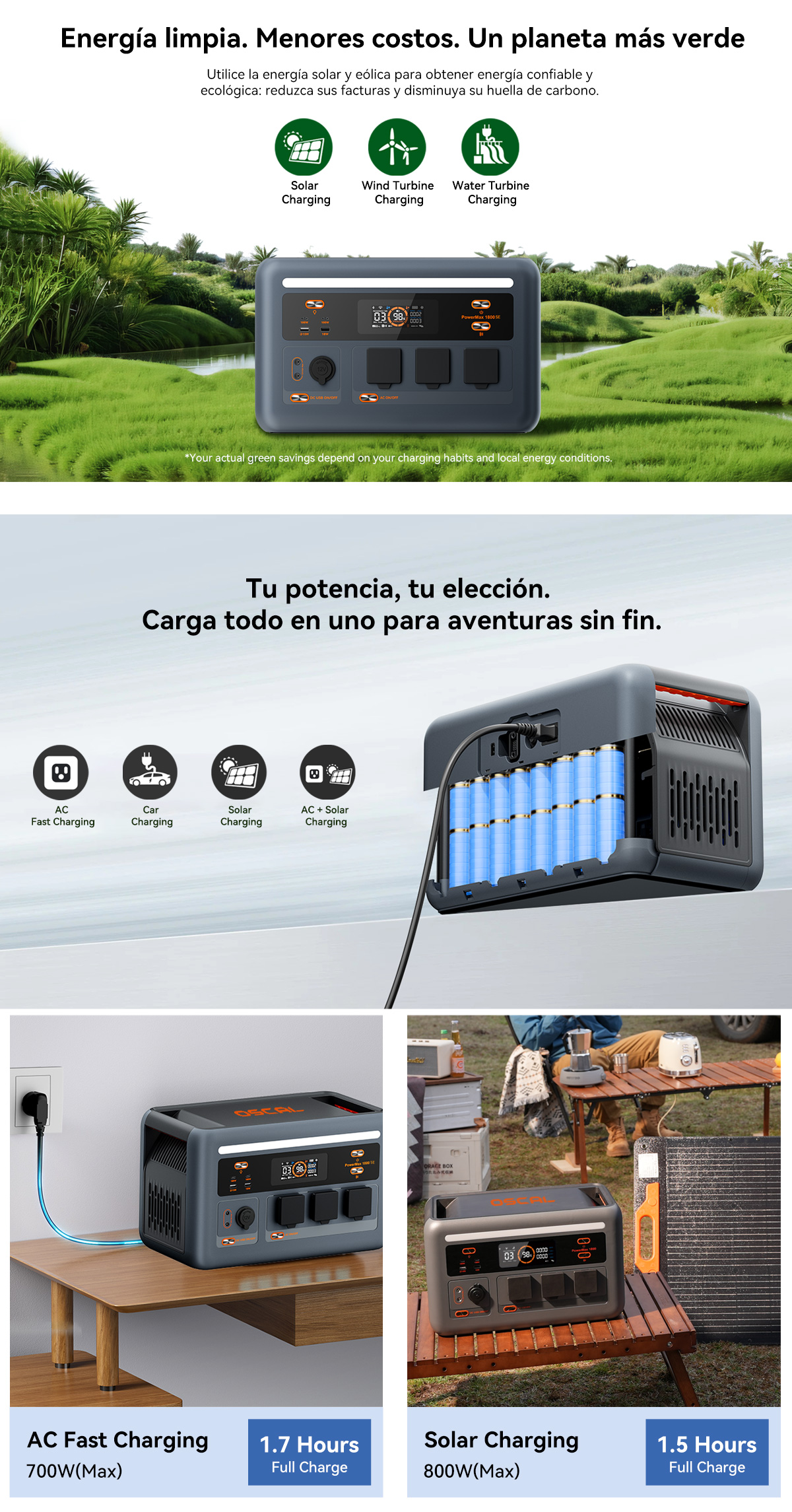 Una estación de energía portátil se carga junto a un panel solar y un set de camping.