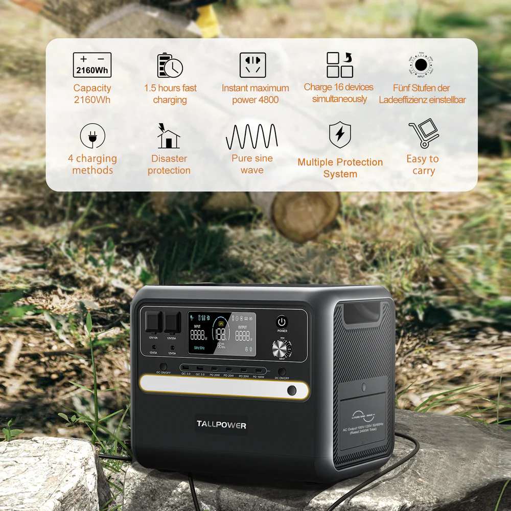 Una estación de energía negra con pantalla digital se encuentra al aire libre sobre rocas.