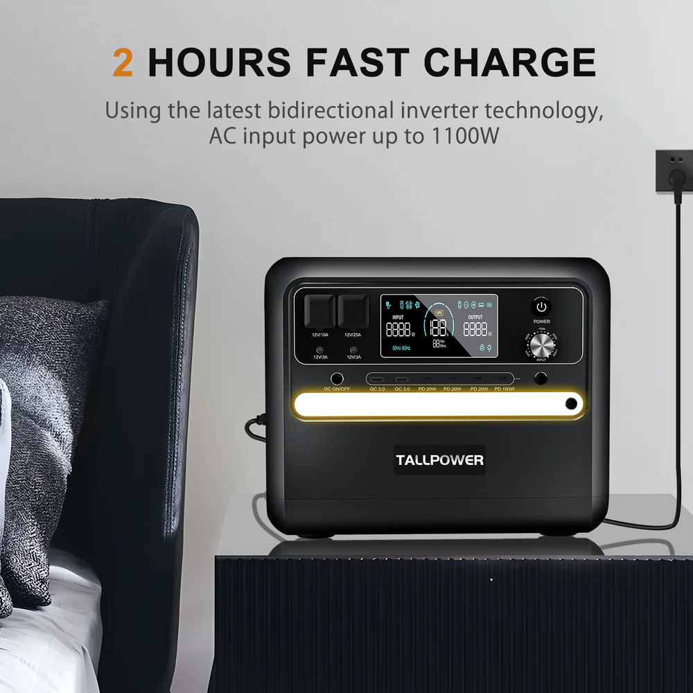 Dispositivo TALLPOWER negro con pantalla y puertos, sobre una mesita de noche.