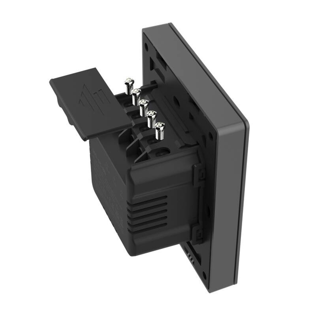 Czarny element elektryczny ze śrubami i otwartą klapką.