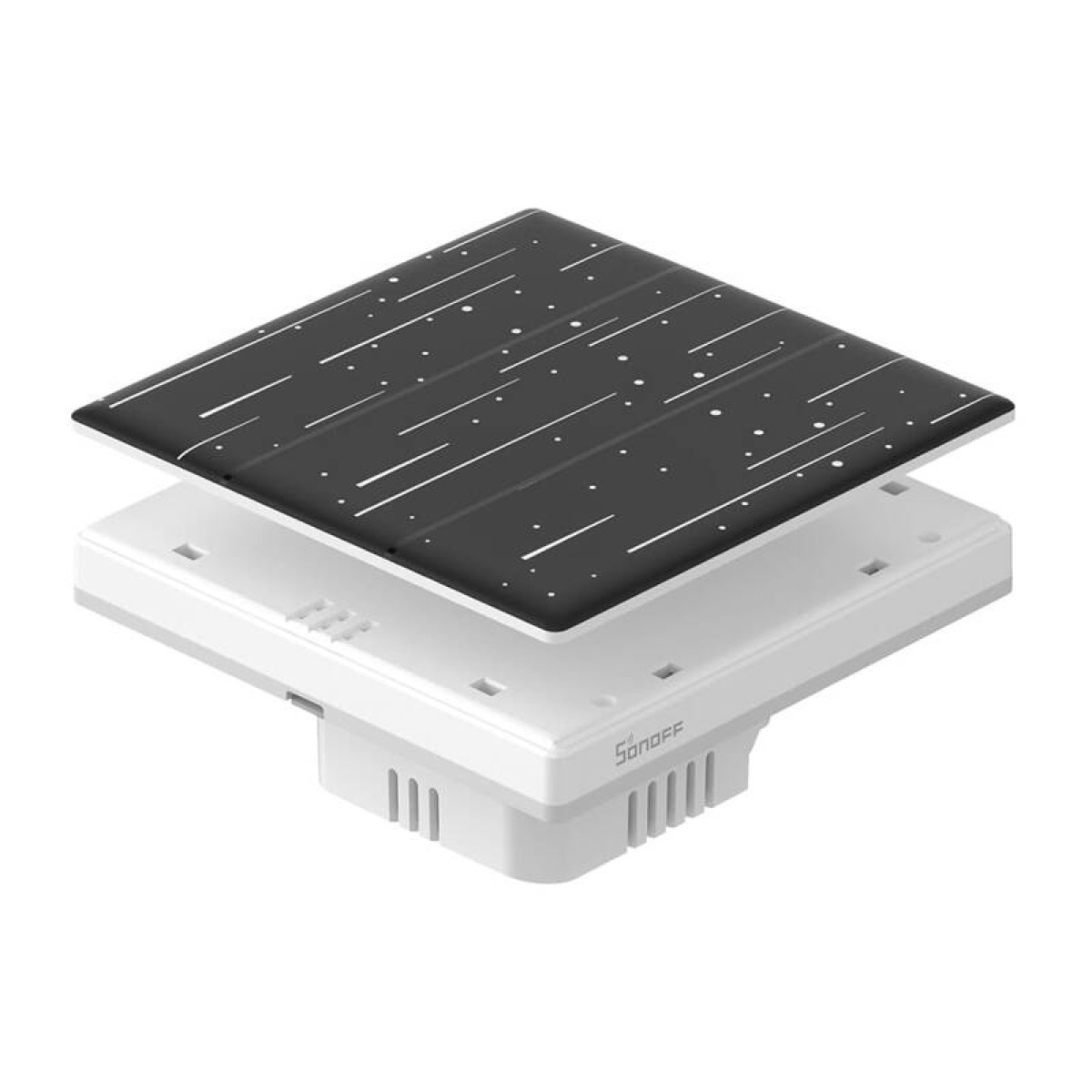 Białe urządzenie z czarną pokrywą w białe kropki i linie.