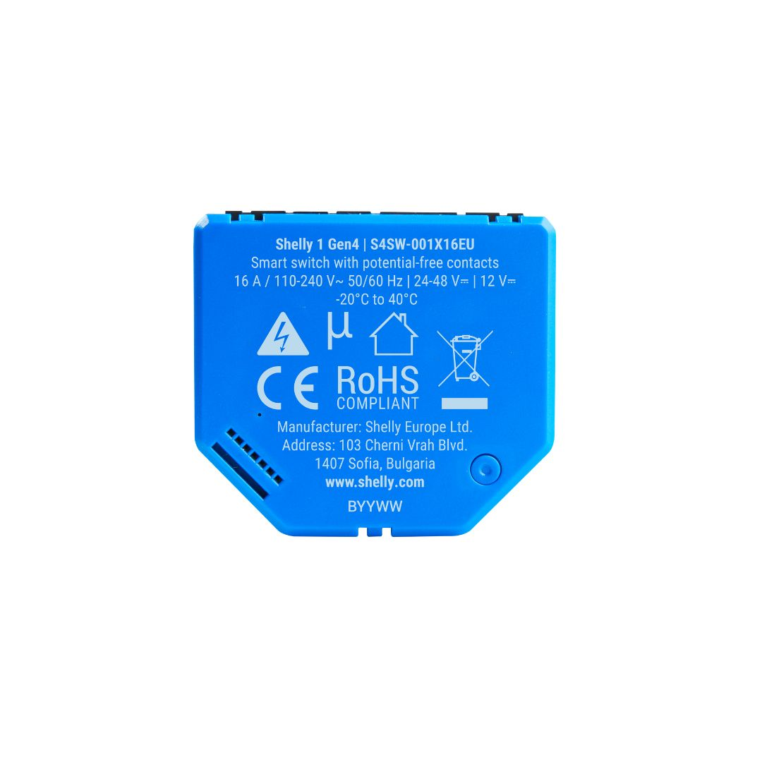 Interruttore smart blu Shelly 1 Gen4 con contatti a potenziale zero.
