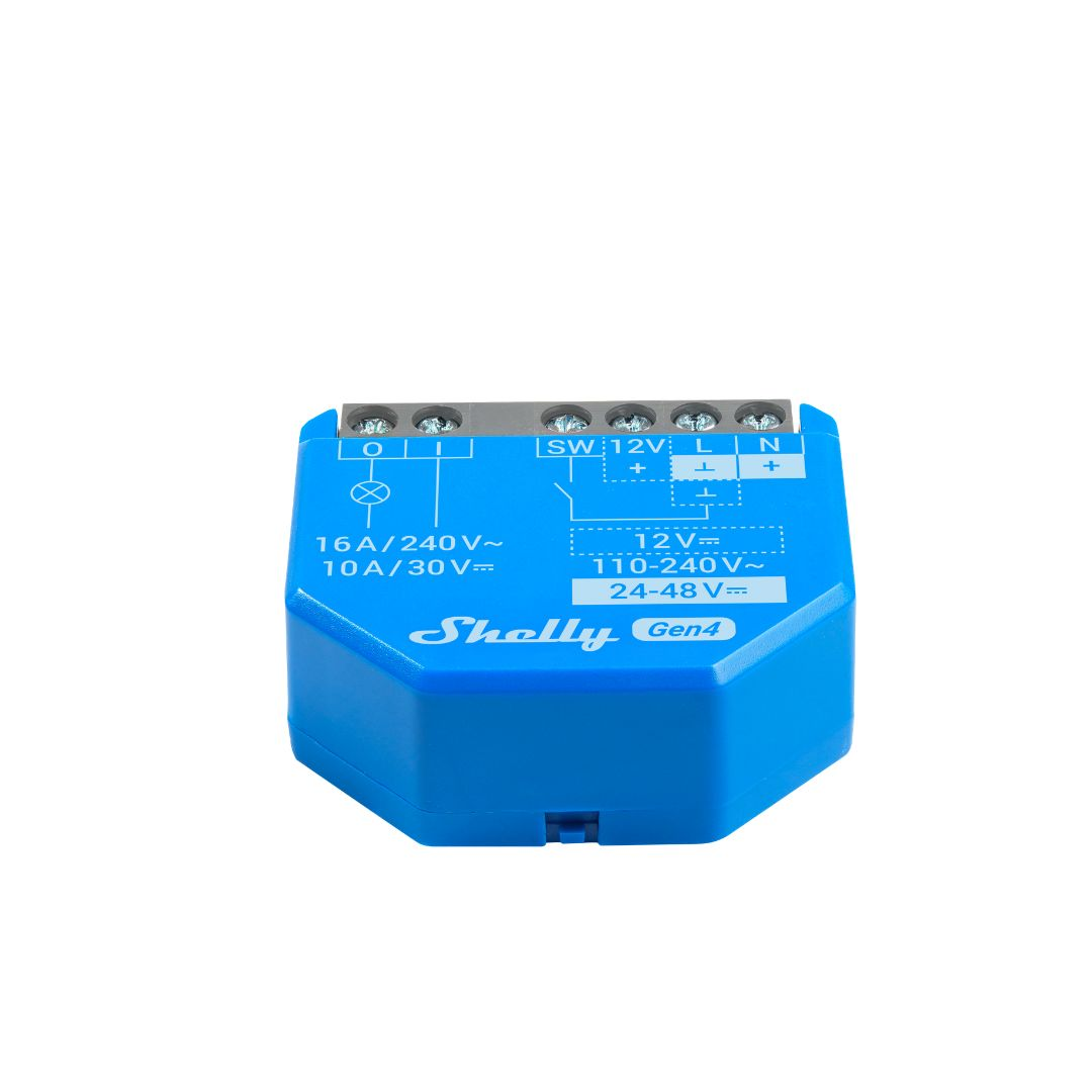 Un relè blu Shelly Gen4 con connessioni e specifiche.
