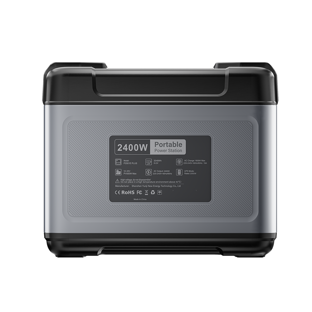 Estación de energía portátil gris y negra con etiqueta. 2400W.