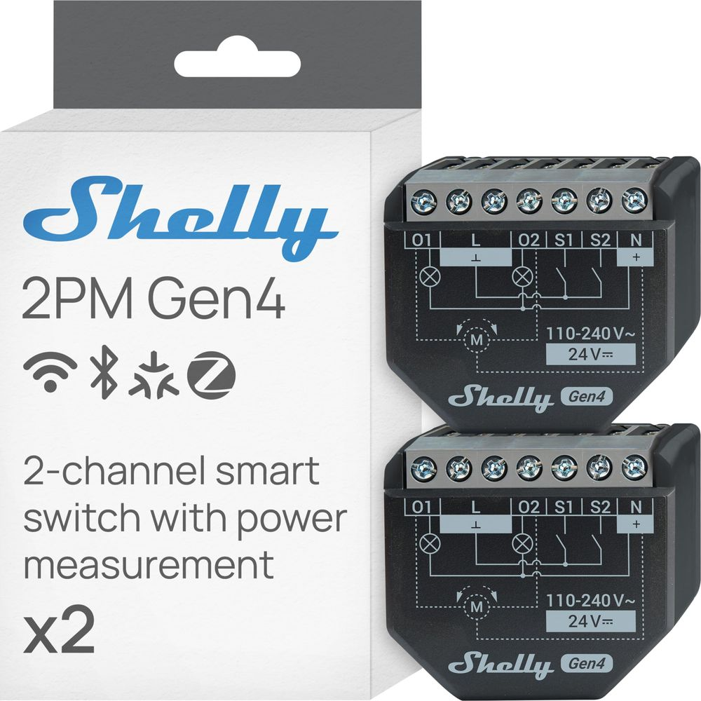 Dwa dwukanałowe inteligentne przełączniki Shelly 2PM Gen4 z pomiarem mocy na opakowaniu produktu i urządzeniach.