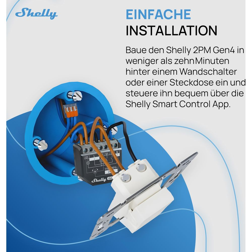 Zbliżenie urządzenia Shelly 2PM Gen4 instalowanego w puszce ściennej.