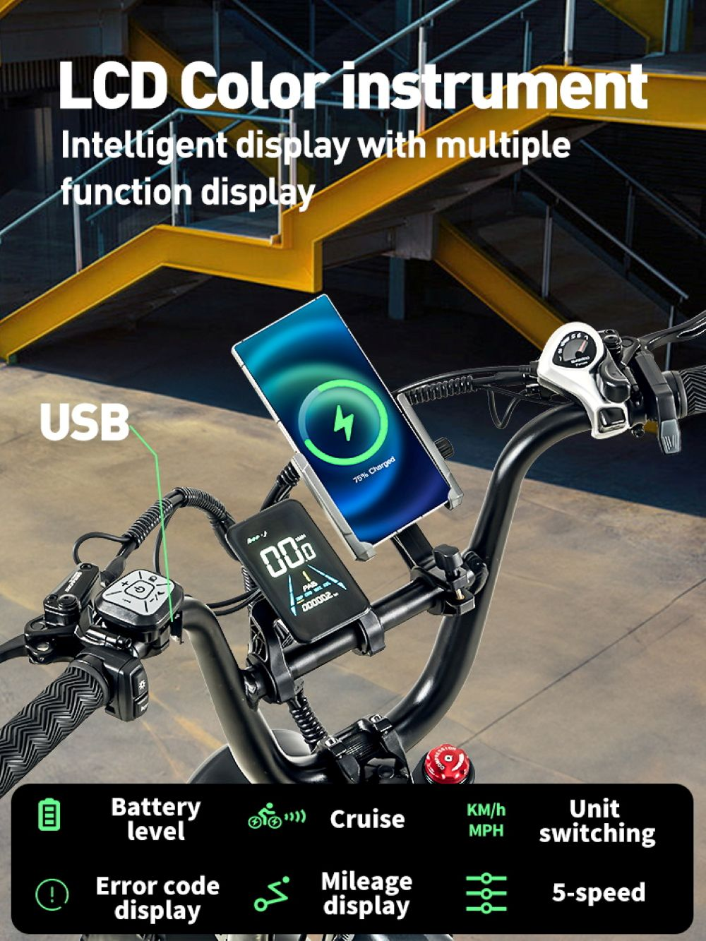 Manubrio e-bike con supporto telefono, display LCD, porta USB e comandi. Caratteristiche: batteria, crociera, velocità, errore, chilometraggio.