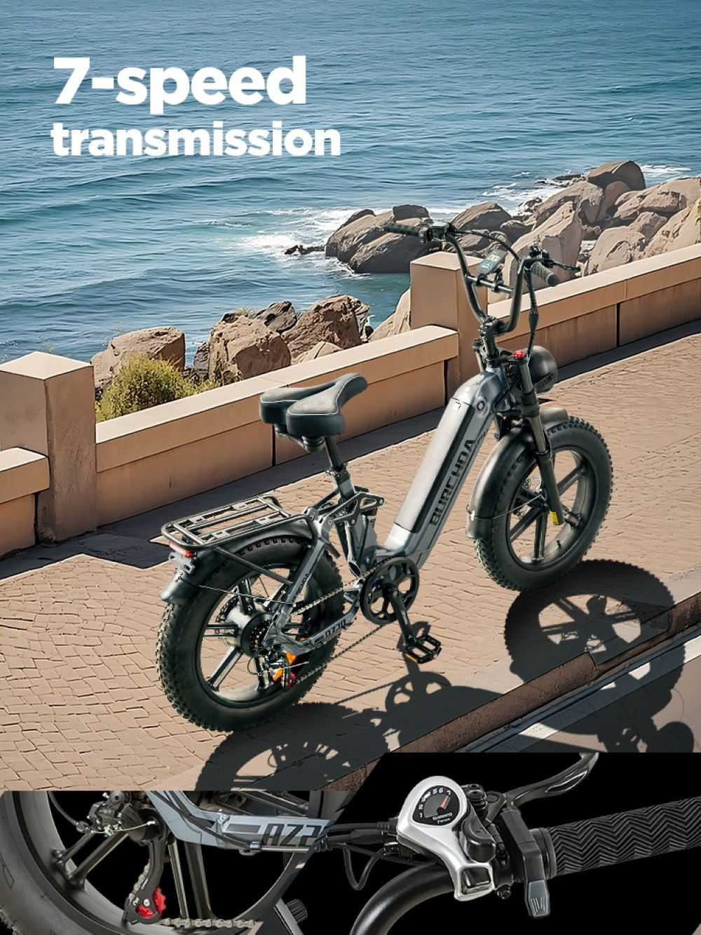 E-bike grigia con gomme larghe vicino al mare, 7 velocità.