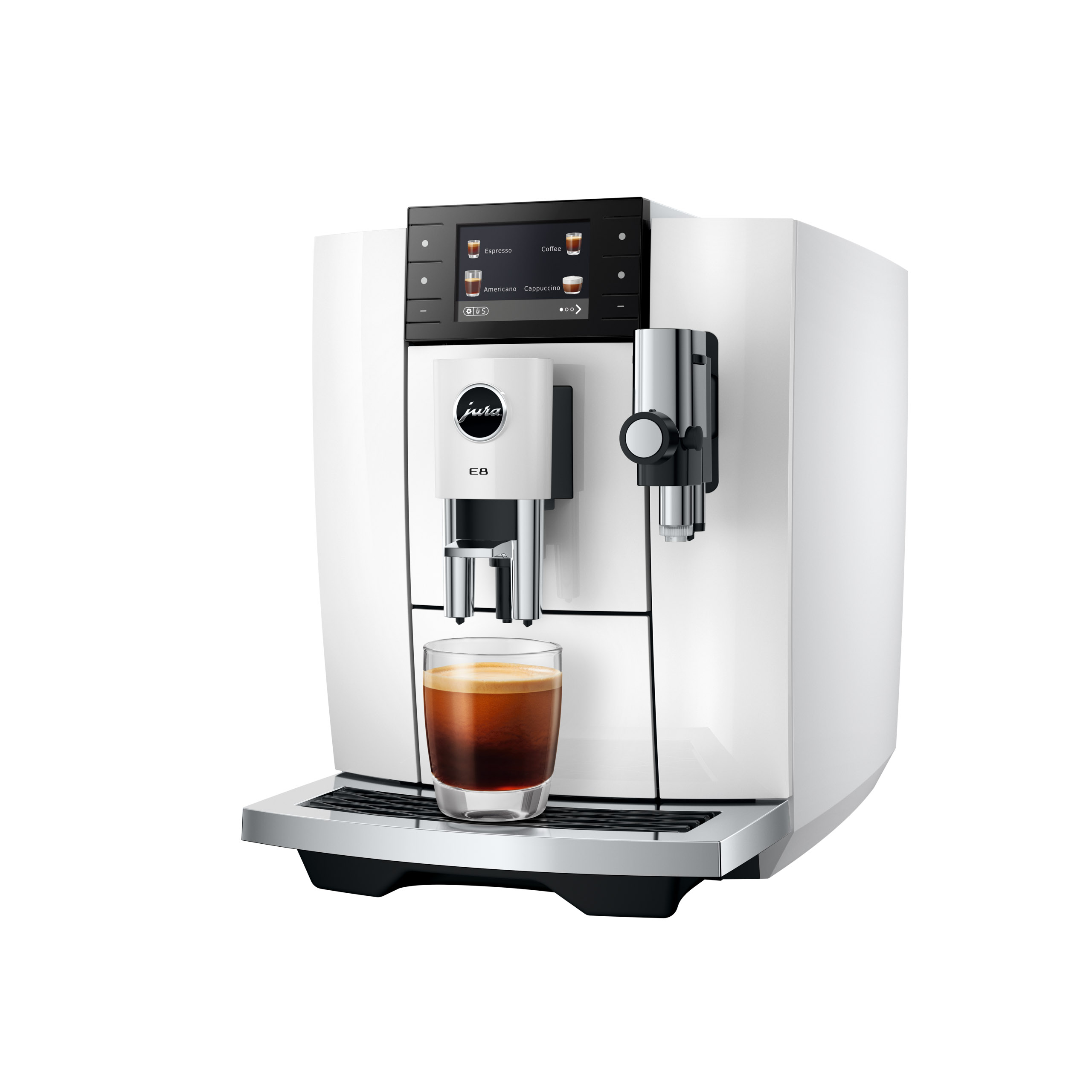 Una macchina da caffè Jura E8 bianca con un bicchiere di espresso e un gruppo erogatore cromato.
