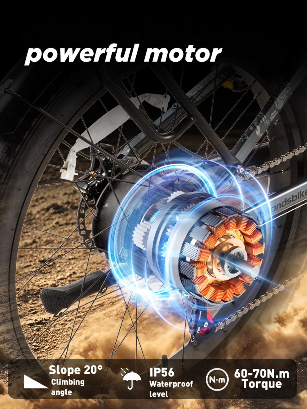 Primo piano di un motore elettrico nella ruota posteriore di una bicicletta con effetti energetici blu.