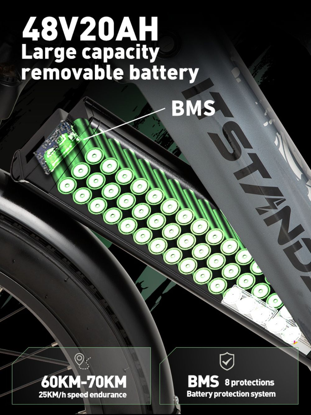 Batteria rimovibile 48V20AH con BMS. Autonomia 60-70km. Sistema protezione batteria.