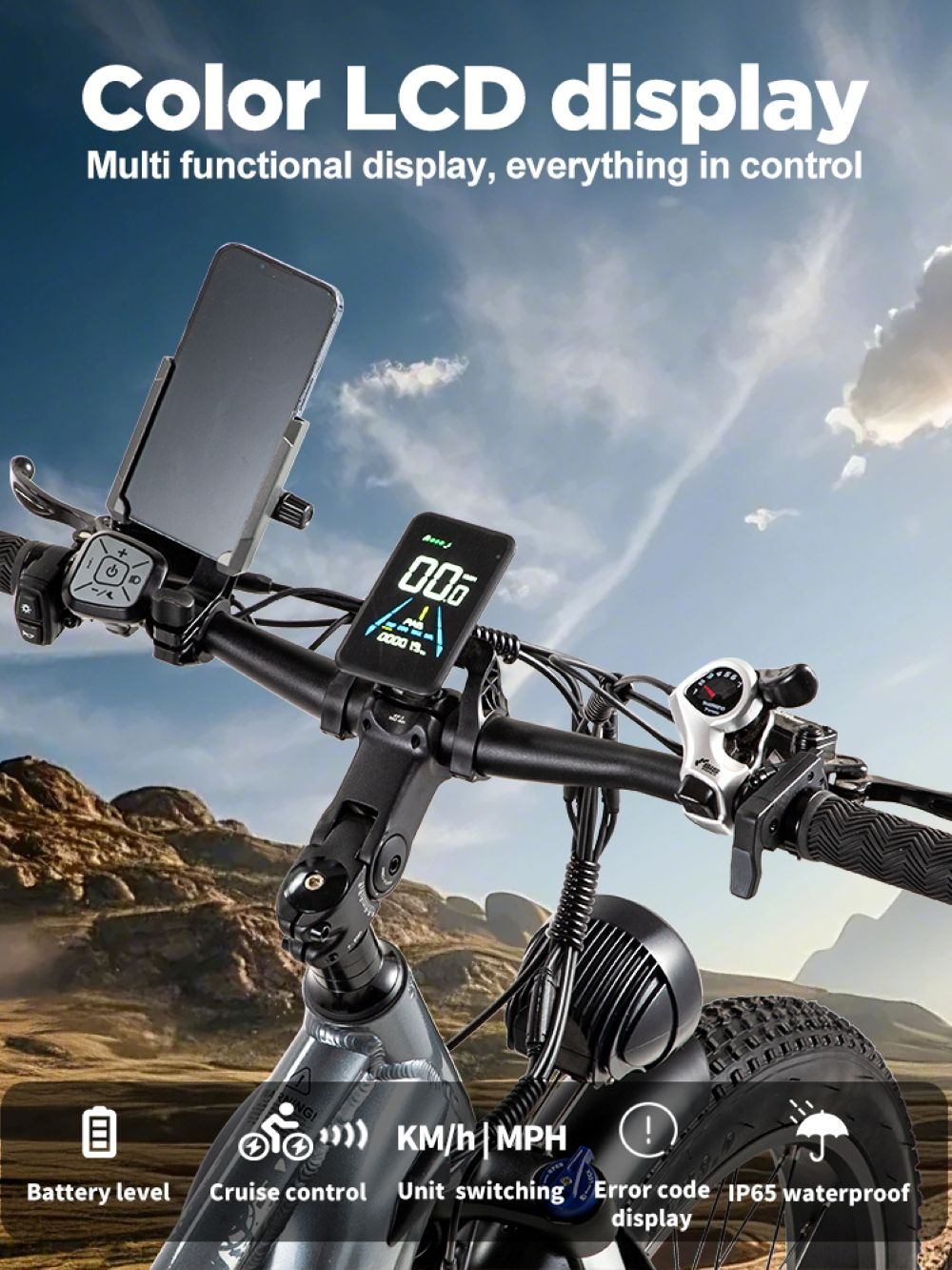Manubrio bicicletta con smartphone, display LCD, cambio marcia e luce di avviso.
