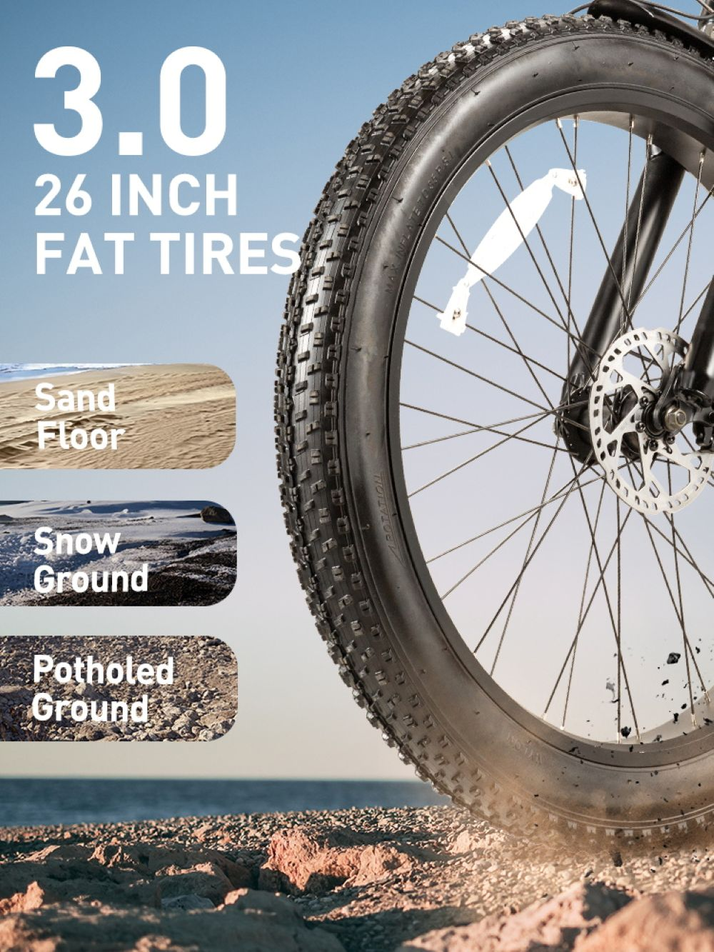 Gomme fat bike su terreno roccioso, testo menziona gomme fat da 26 pollici.