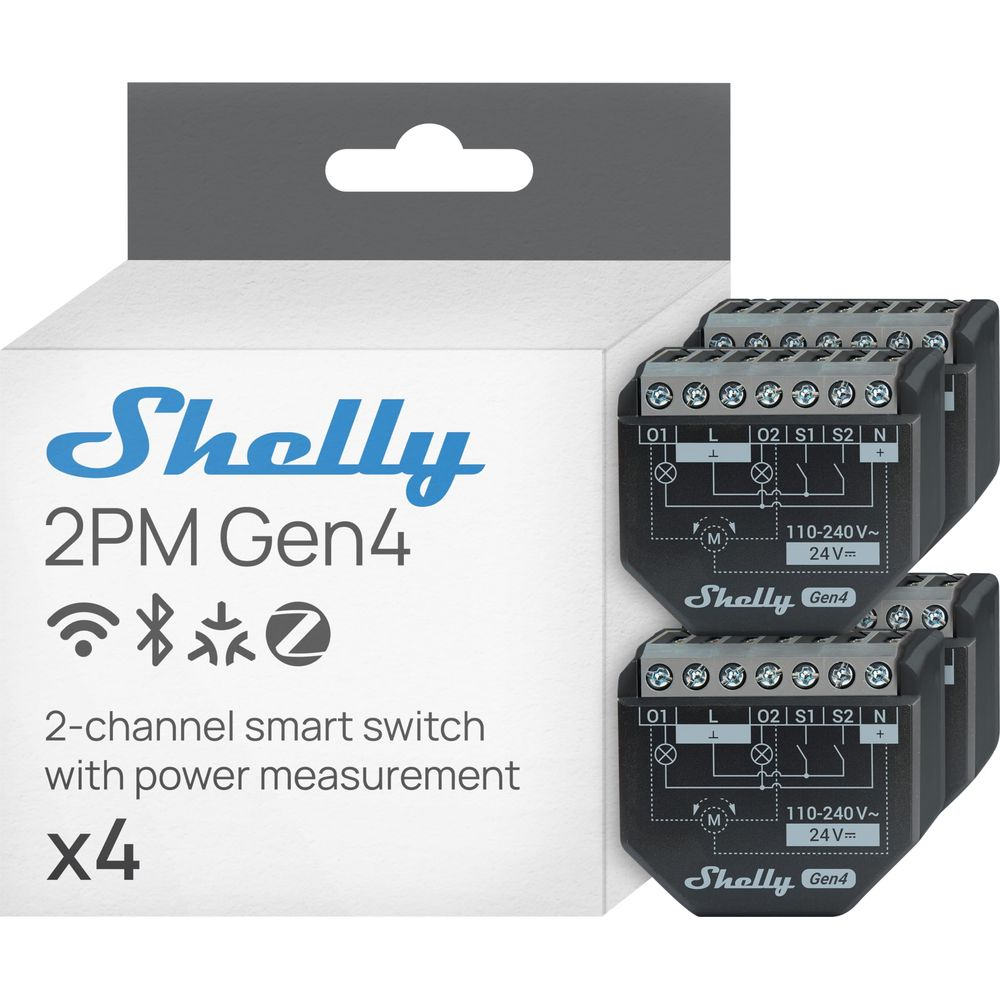 Inteligentny przełącznik Shelly 2PM Gen4 x4. Dwa urządzenia z schematami.