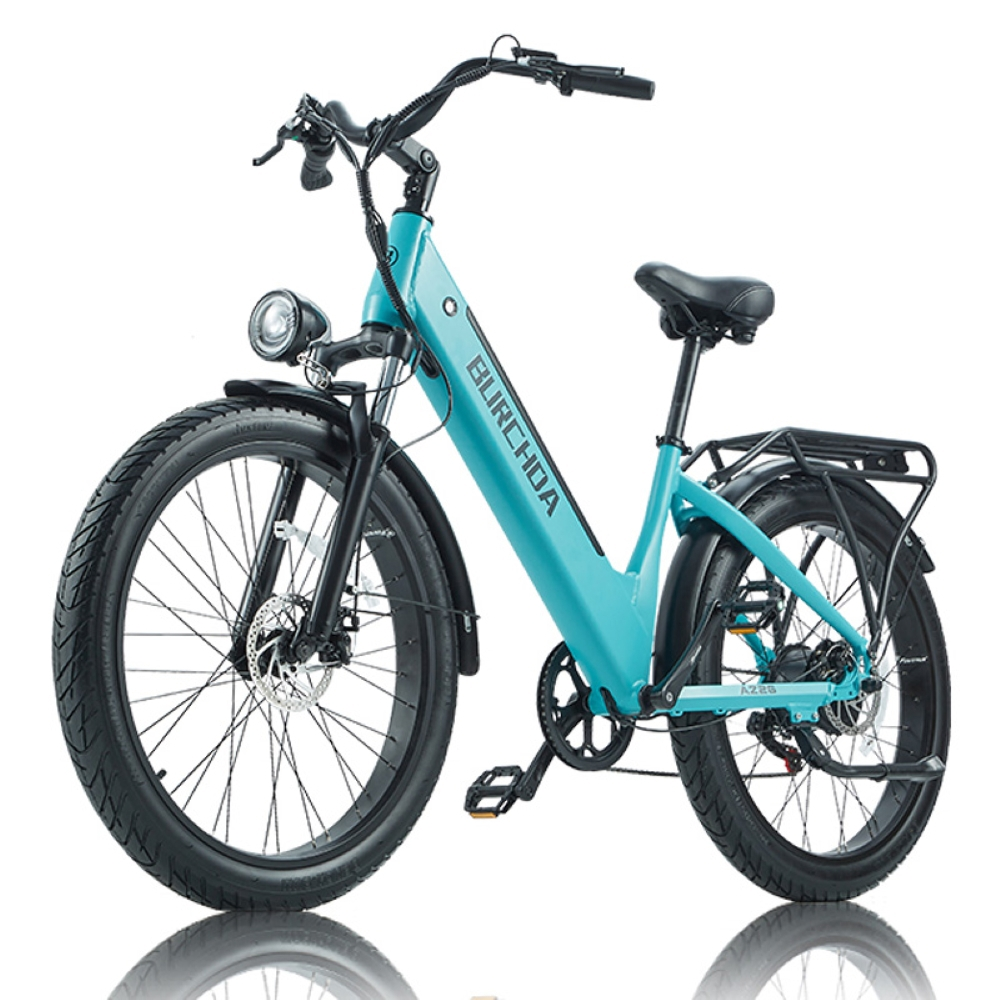 Una bicicletta elettrica color turchese con pneumatici, manubrio, sella e portapacchi neri.