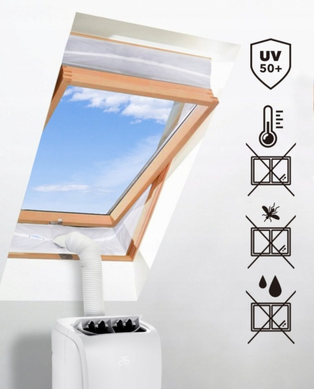 Przenośna jednostka klimatyzacyjna jest zainstalowana w świetliku, z ikonami ochrony UV, temperatury i wilgoci.