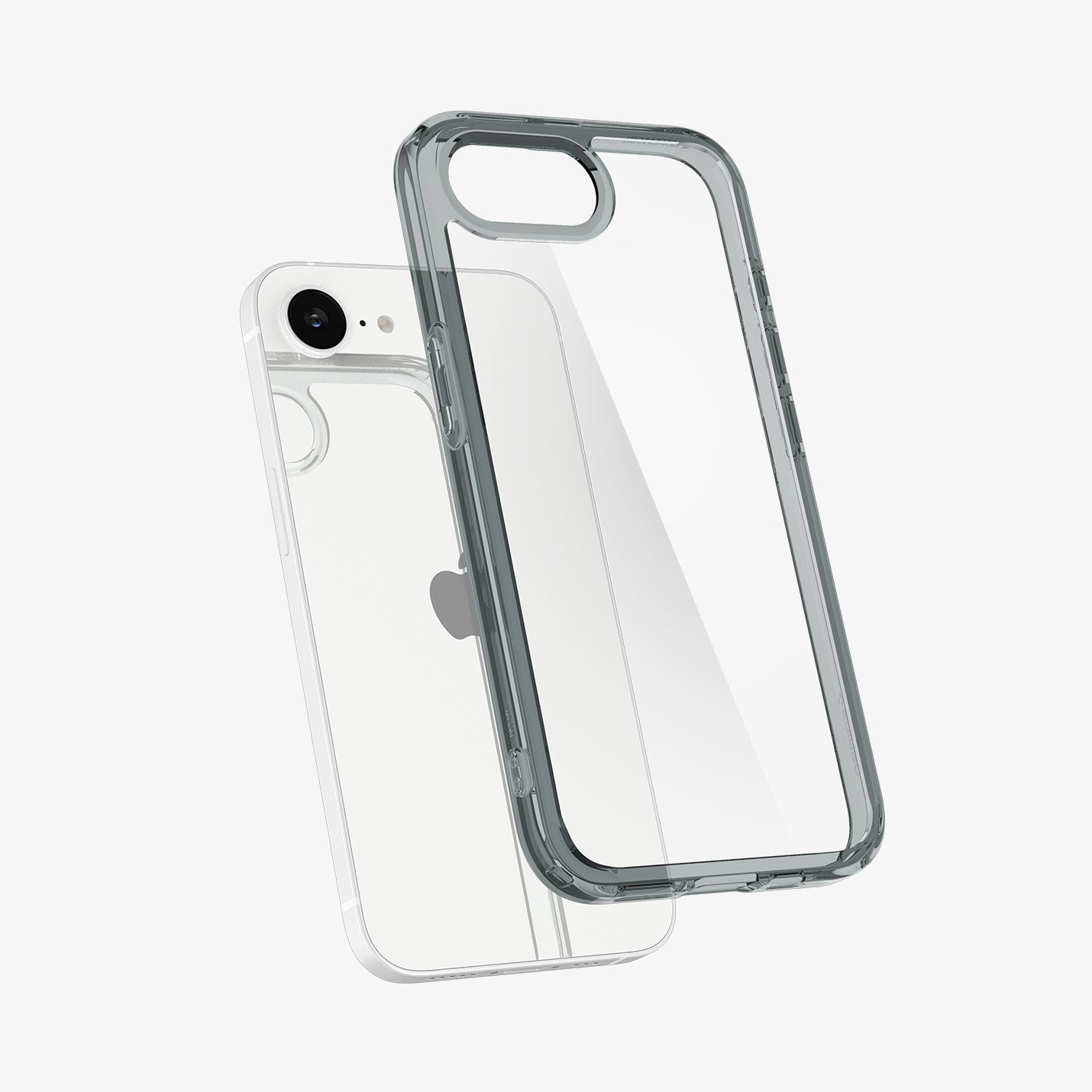 Una custodia trasparente per telefono fluttua su uno smartphone bianco, entrambi su sfondo bianco.