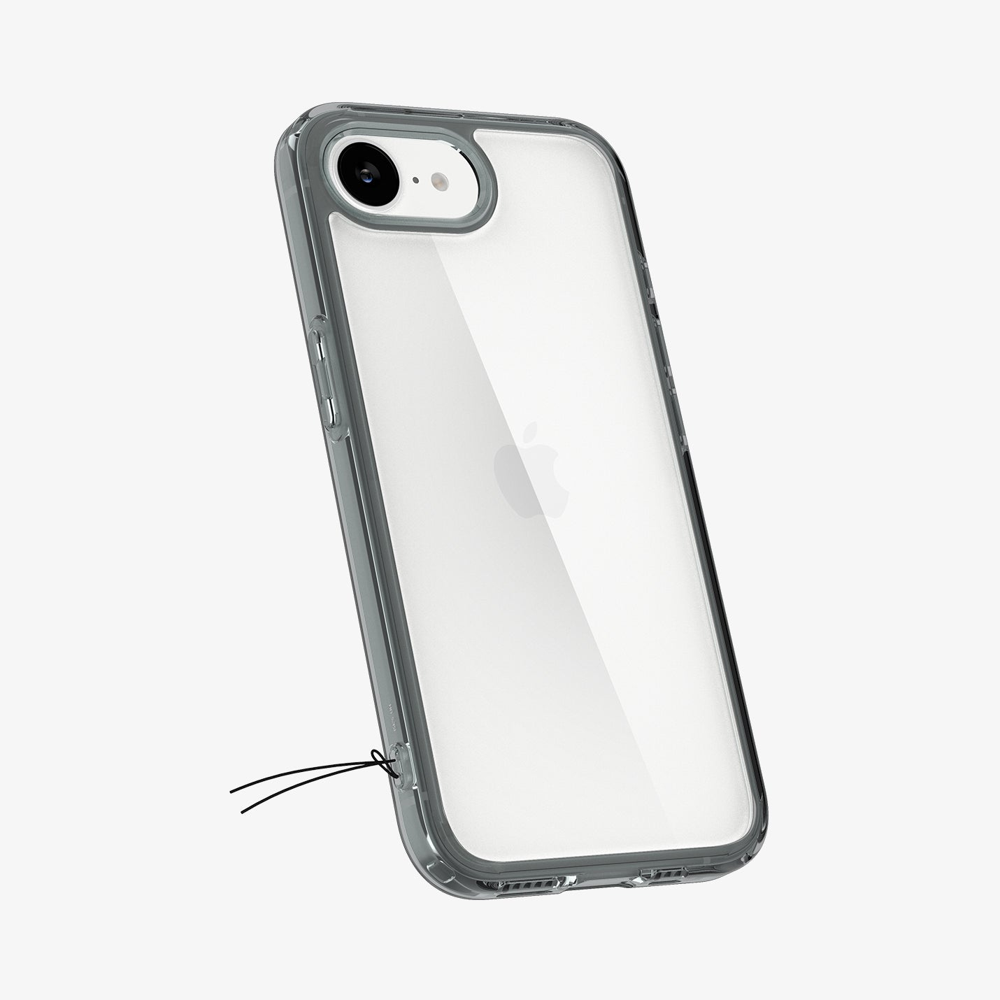 Custodia trasparente con cornice scura, mostra fotocamera e logo Apple. Due cordini neri.