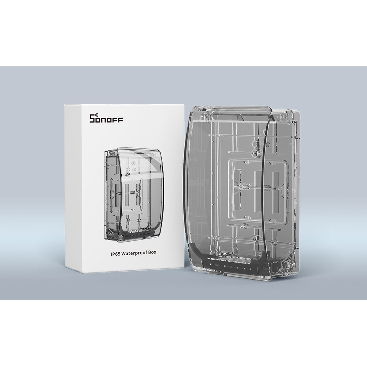 Przezroczyste plastikowe pudełko wodoodporne IP65 jest pokazane obok białego opakowania.