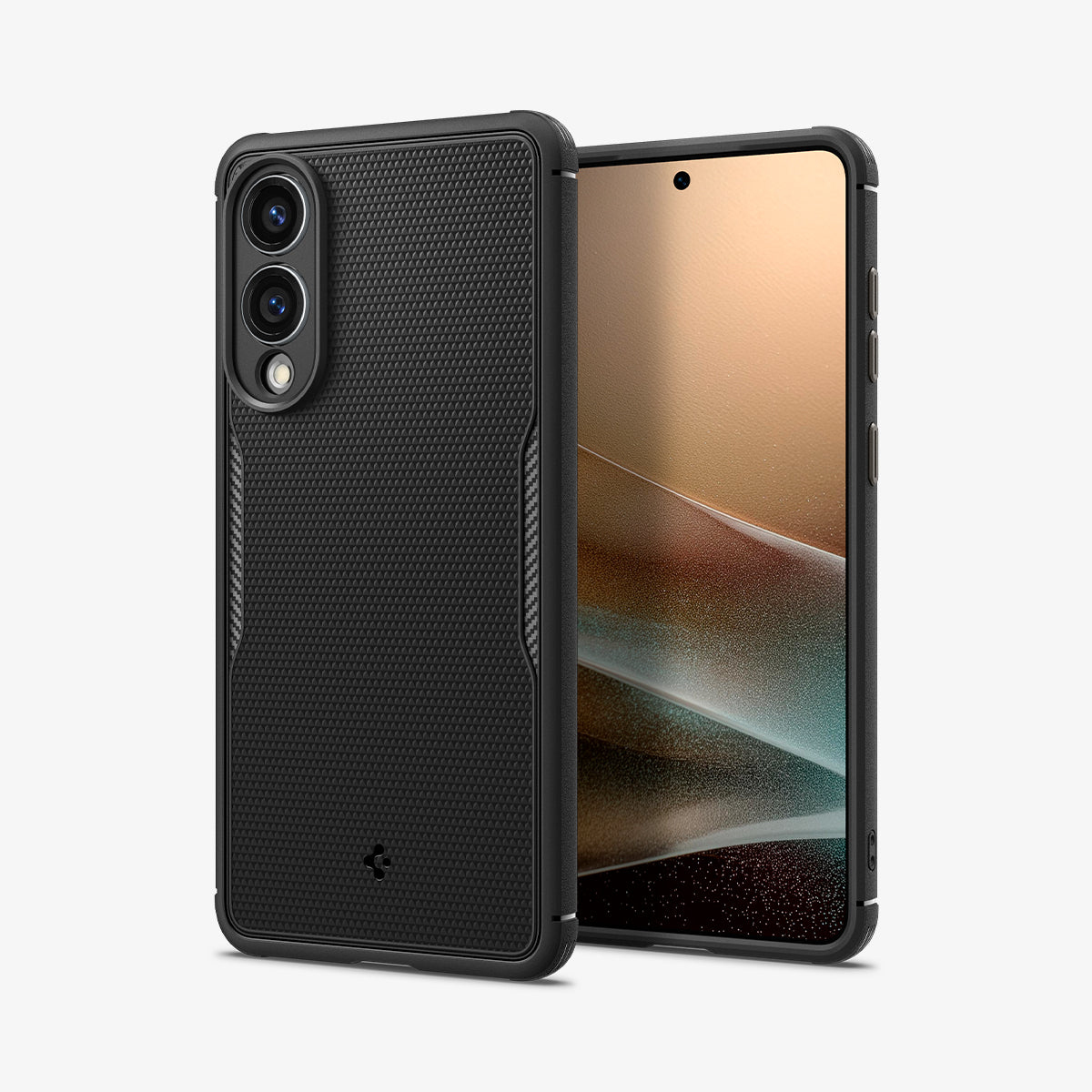Custodia nera per telefono con impugnatura testurizzata e uno smartphone con schermo colorato.