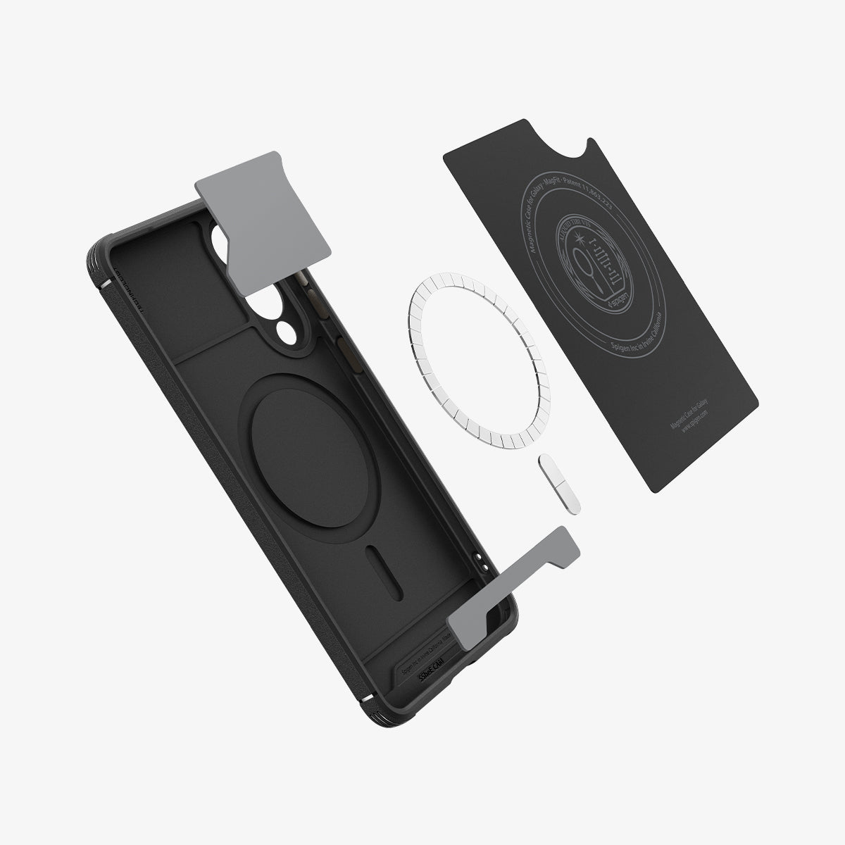 Custodia nera per telefono con anello magnetico, supporto e scheda su sfondo bianco.