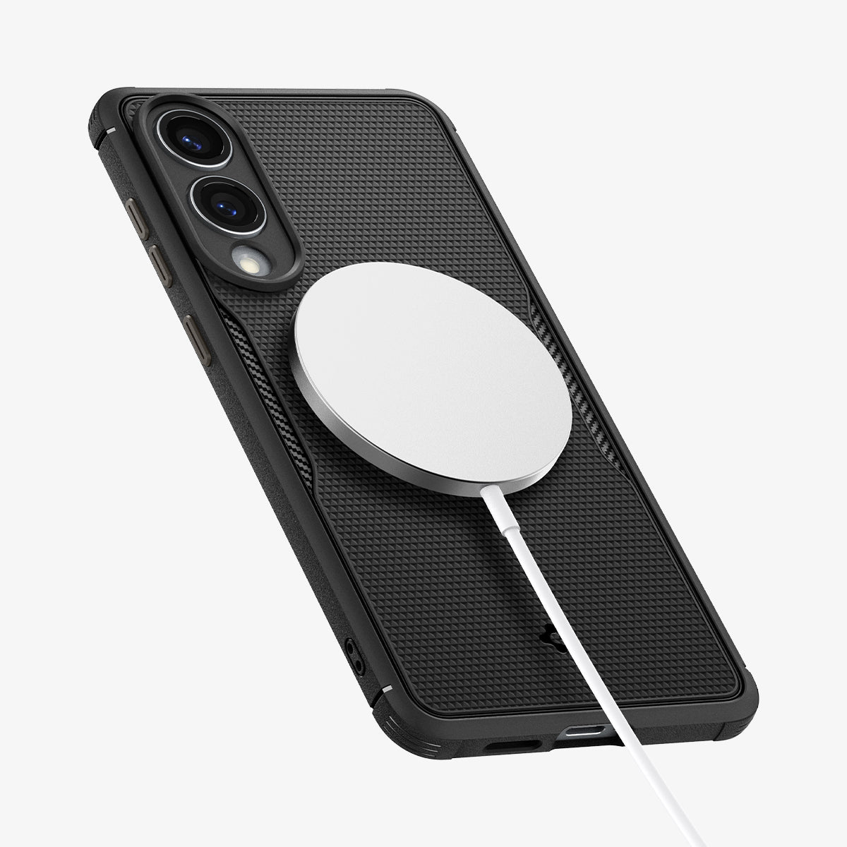 Custodia nera per telefono con caricatore magnetico argentato e cavo bianco.