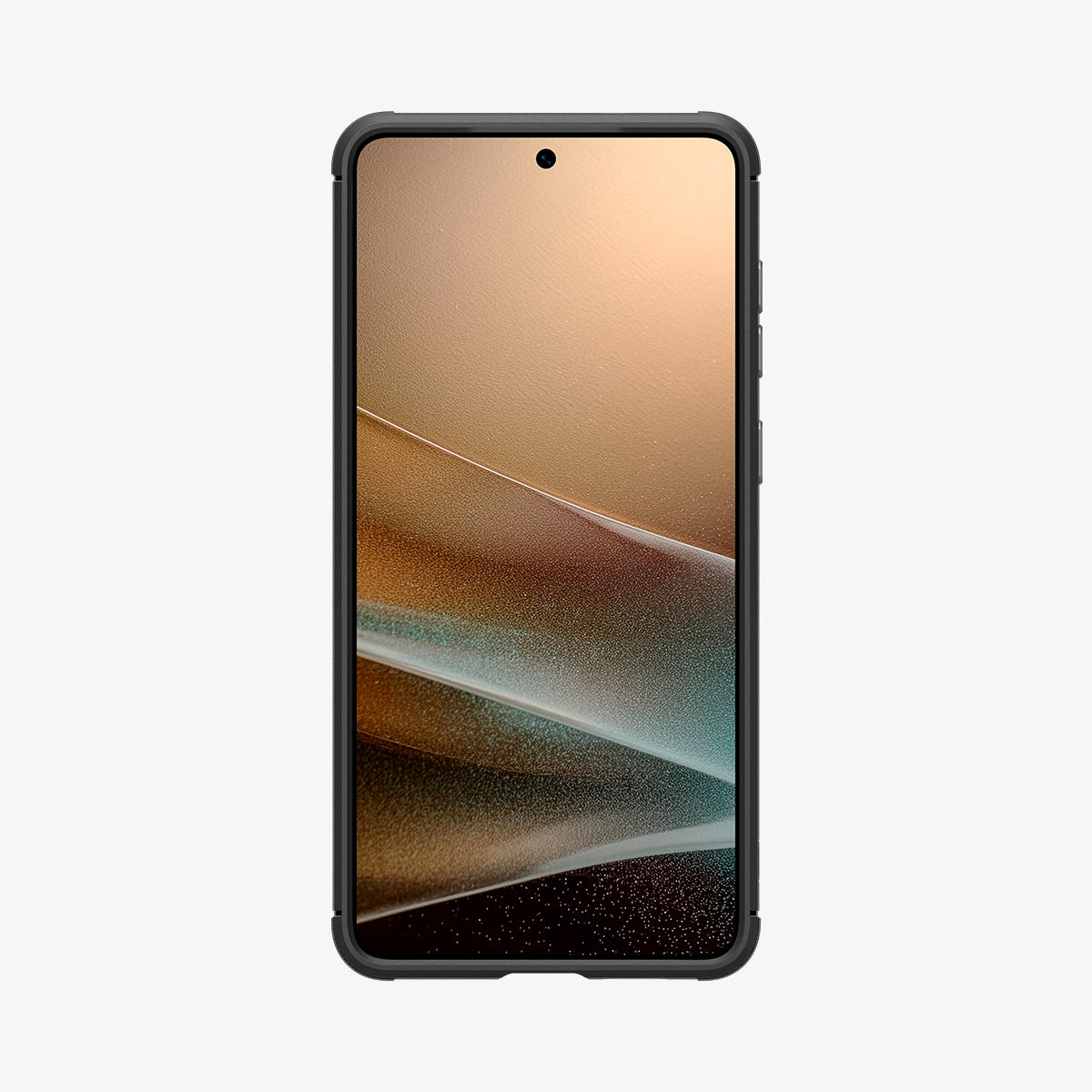 Uno smartphone nero che visualizza uno sfondo astratto dorato e blu.