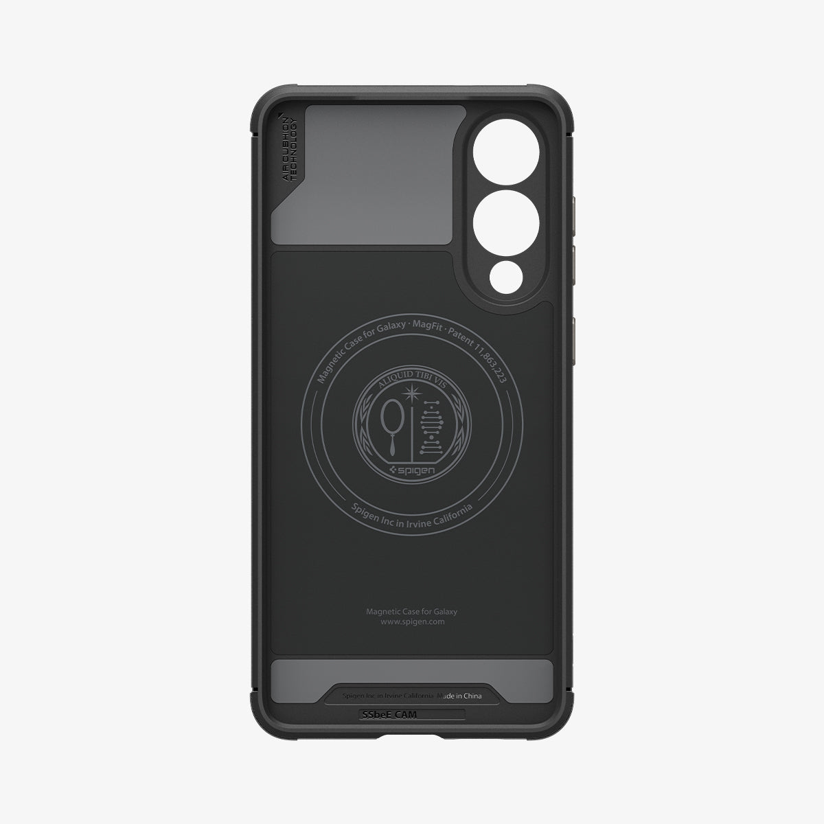 Custodia magnetica Spigen nera per telefono Galaxy con foro fotocamera e logo Spigen.