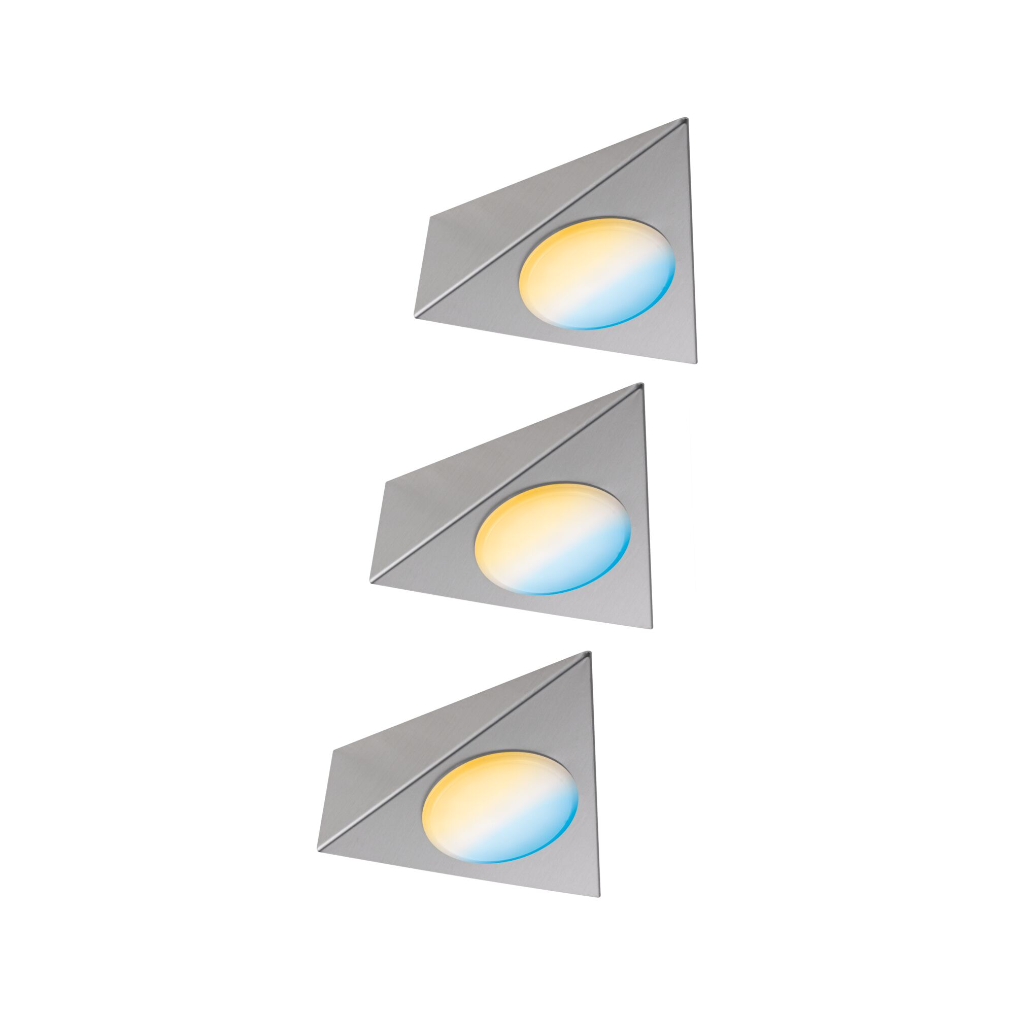 Tre luci triangolari con finitura argento e luci ovali.