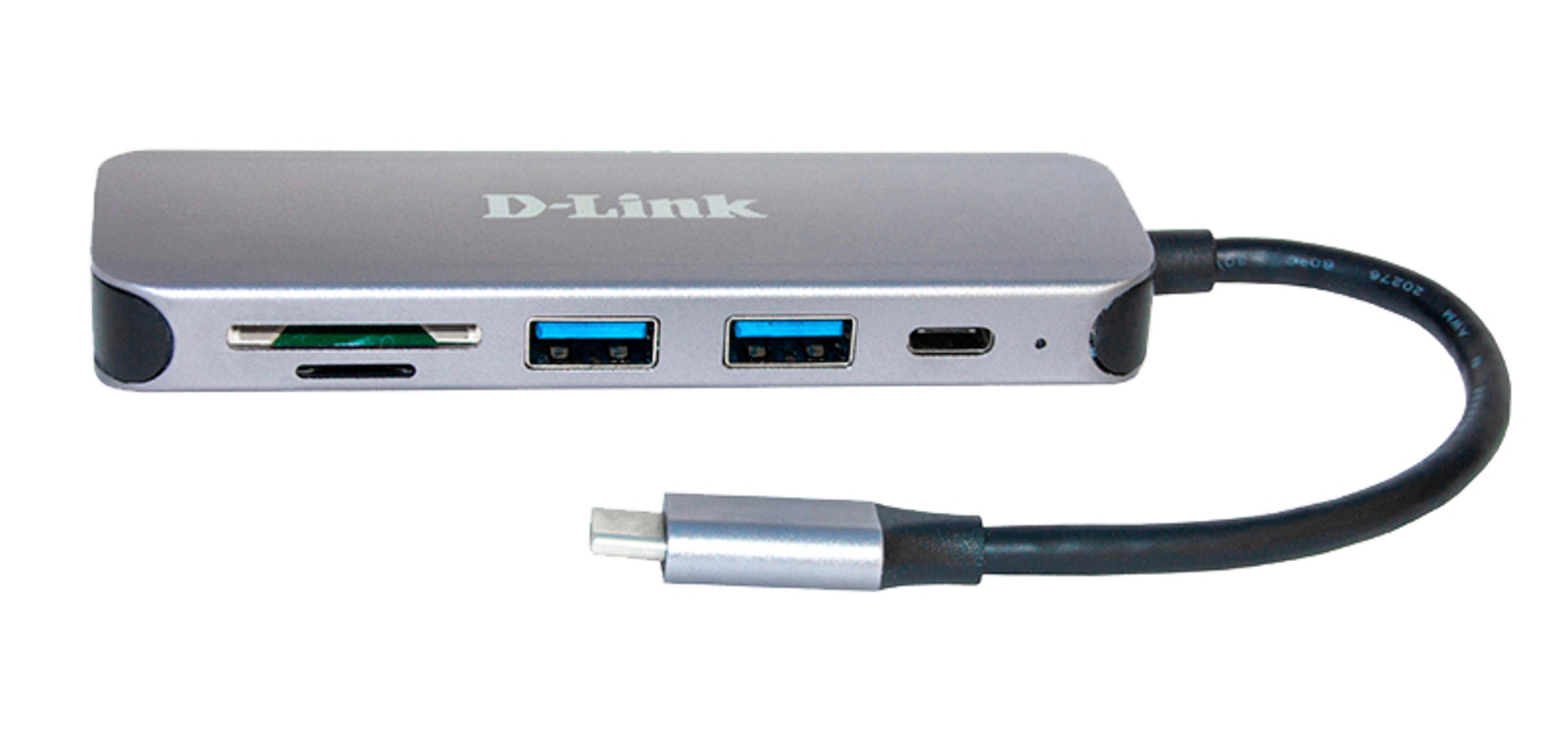 Hub USB-C D-Link argentato con lettore schede SD, 2 porte USB-A, 1 porta USB-C e cavo.