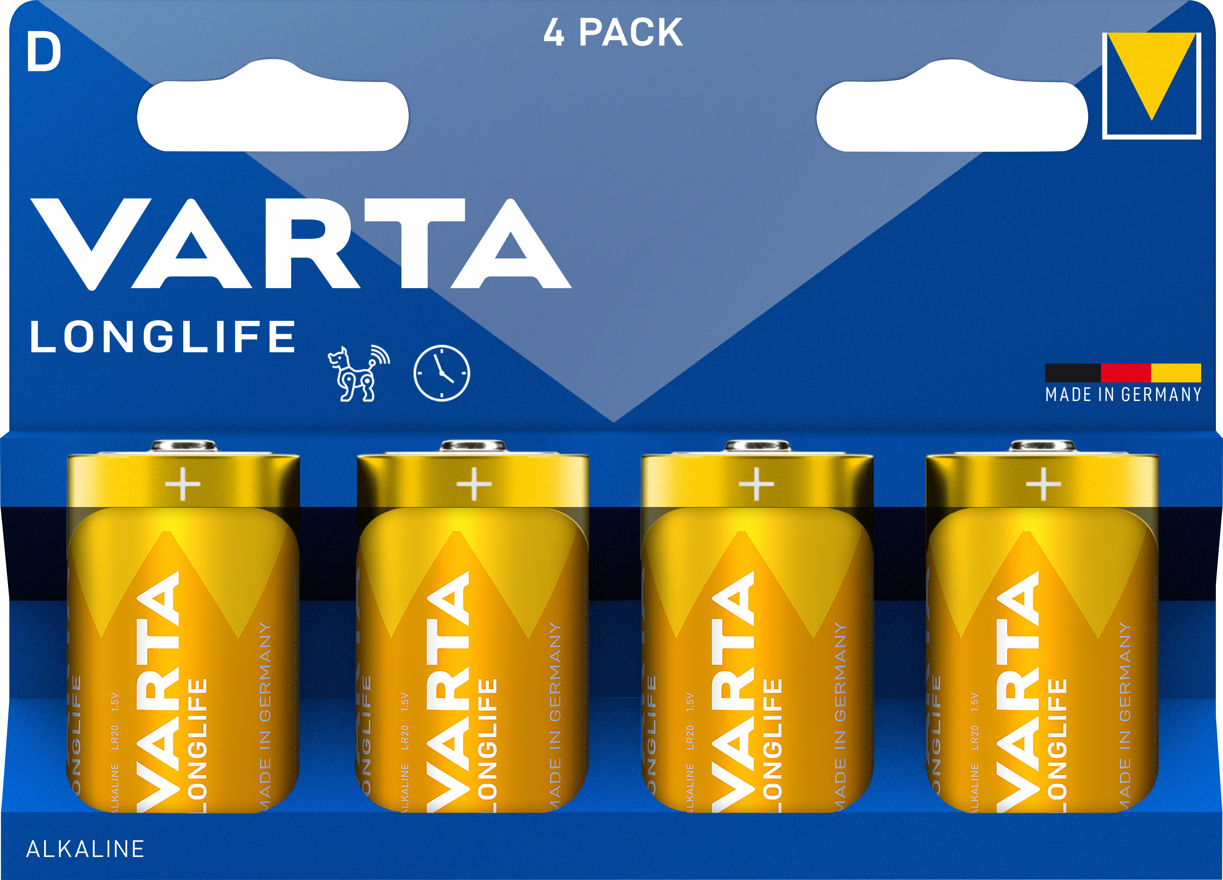 Vier goldene D-Batterien von Varta Longlife auf blauem Hintergrund.