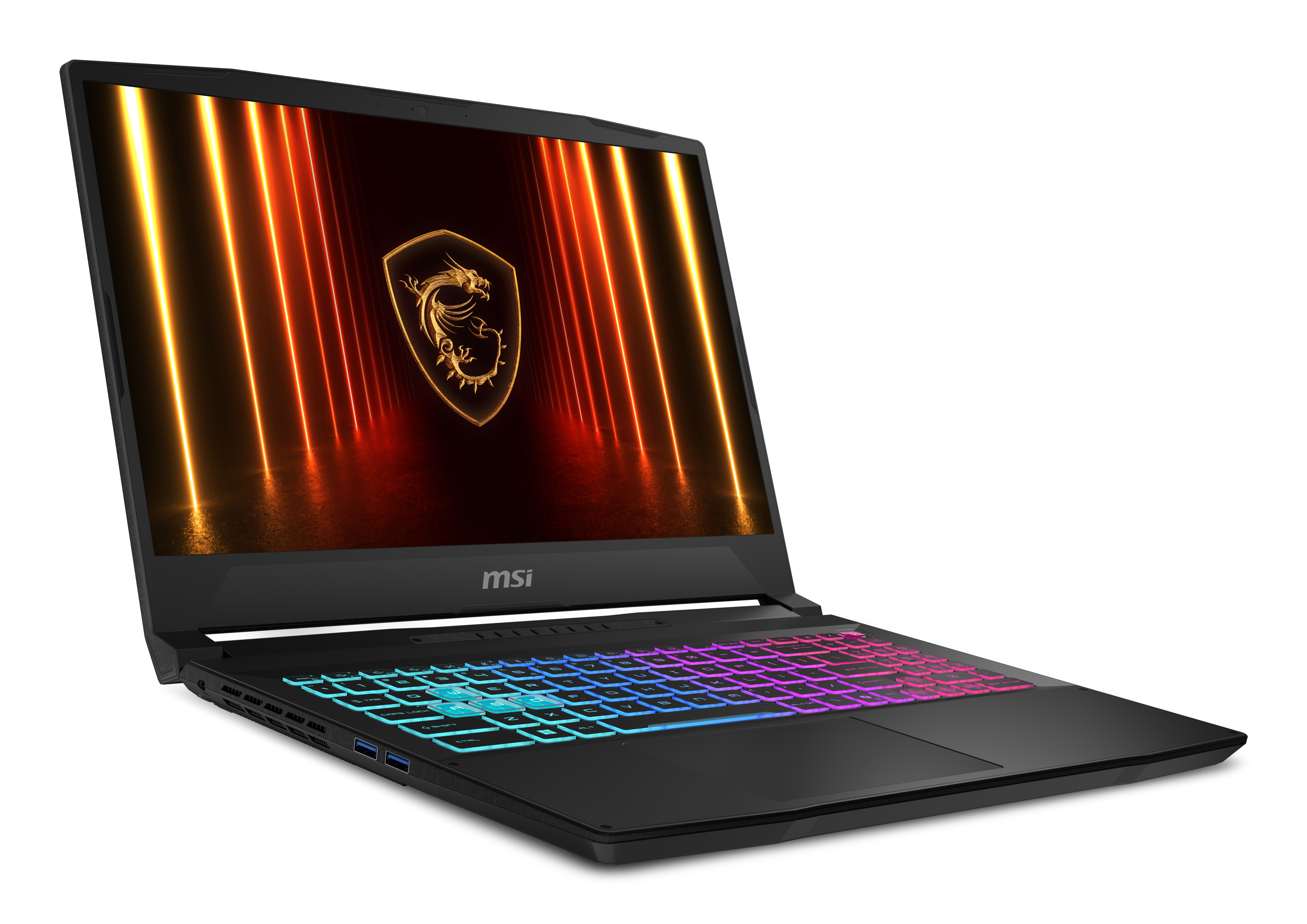 Schwarzer MSI-Laptop mit beleuchteter Tastatur und Drachenwappen auf dem Bildschirm.