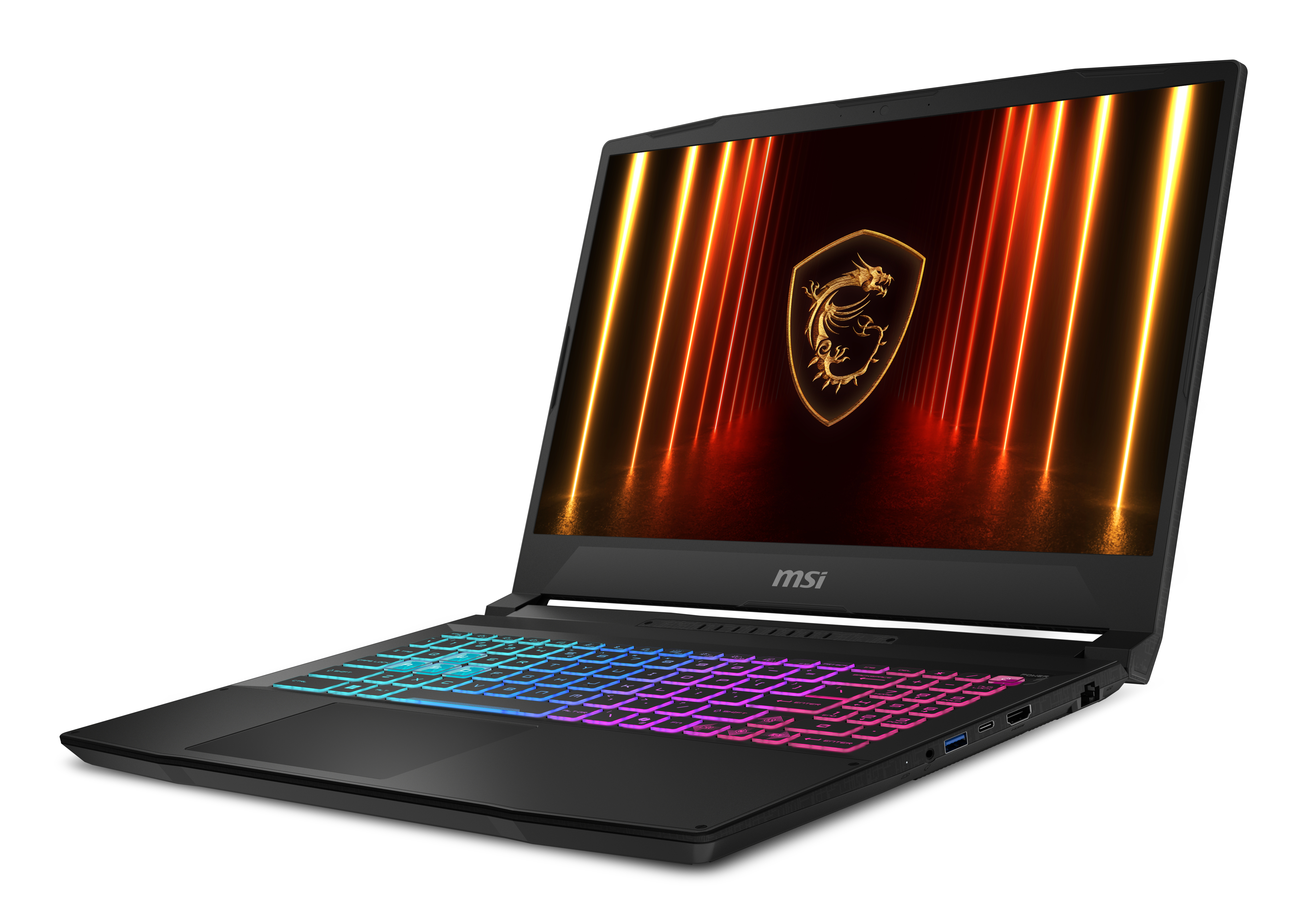 Schwarzer Laptop mit beleuchteter Tastatur und MSI-Logo auf dem Bildschirm.