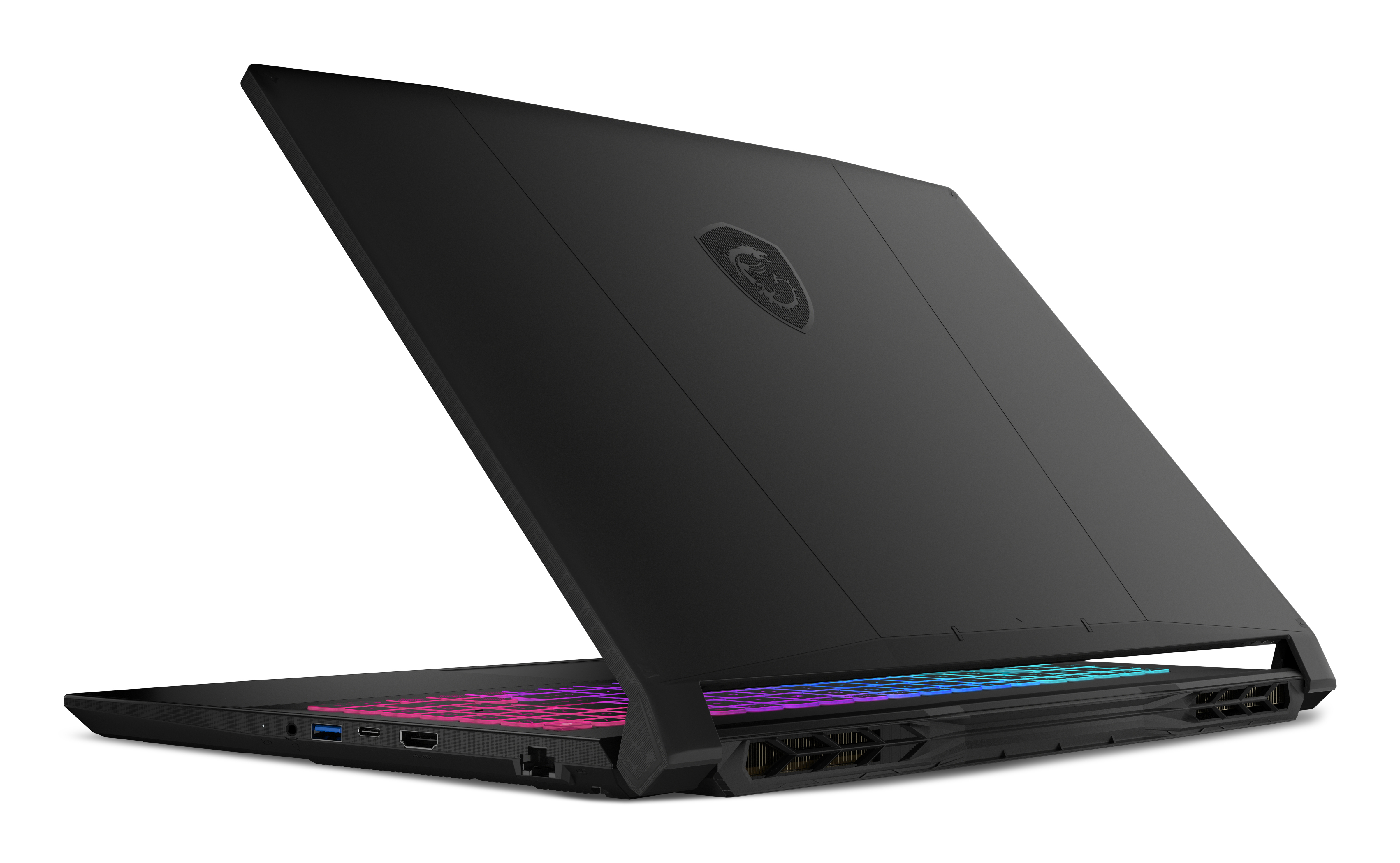Ordinateur portable noir avec clavier rétroéclairé arc-en-ciel, logo MSI sur le capot.