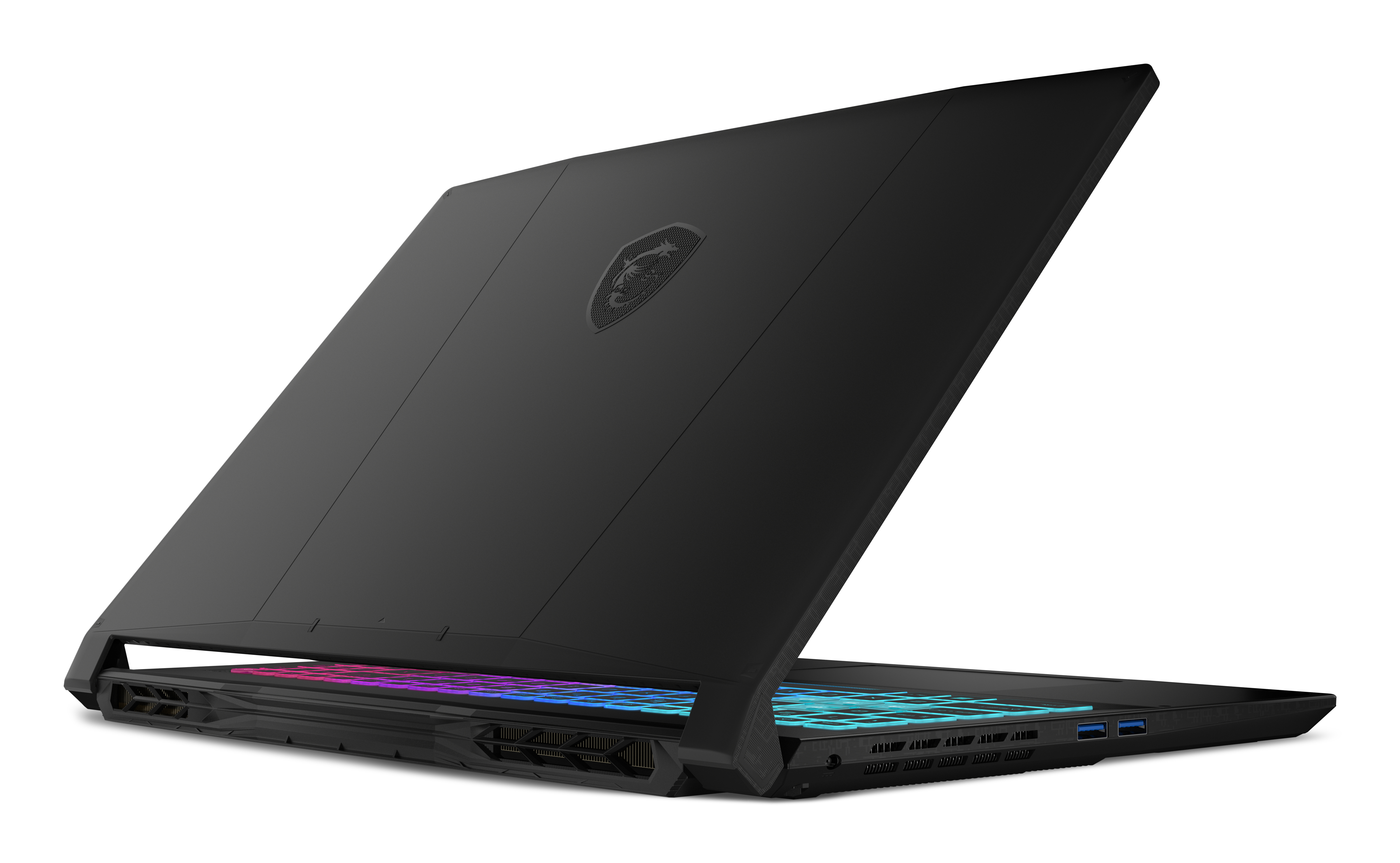Ordinateur portable noir avec clavier rétroéclairé et logo MSI sur le capot.