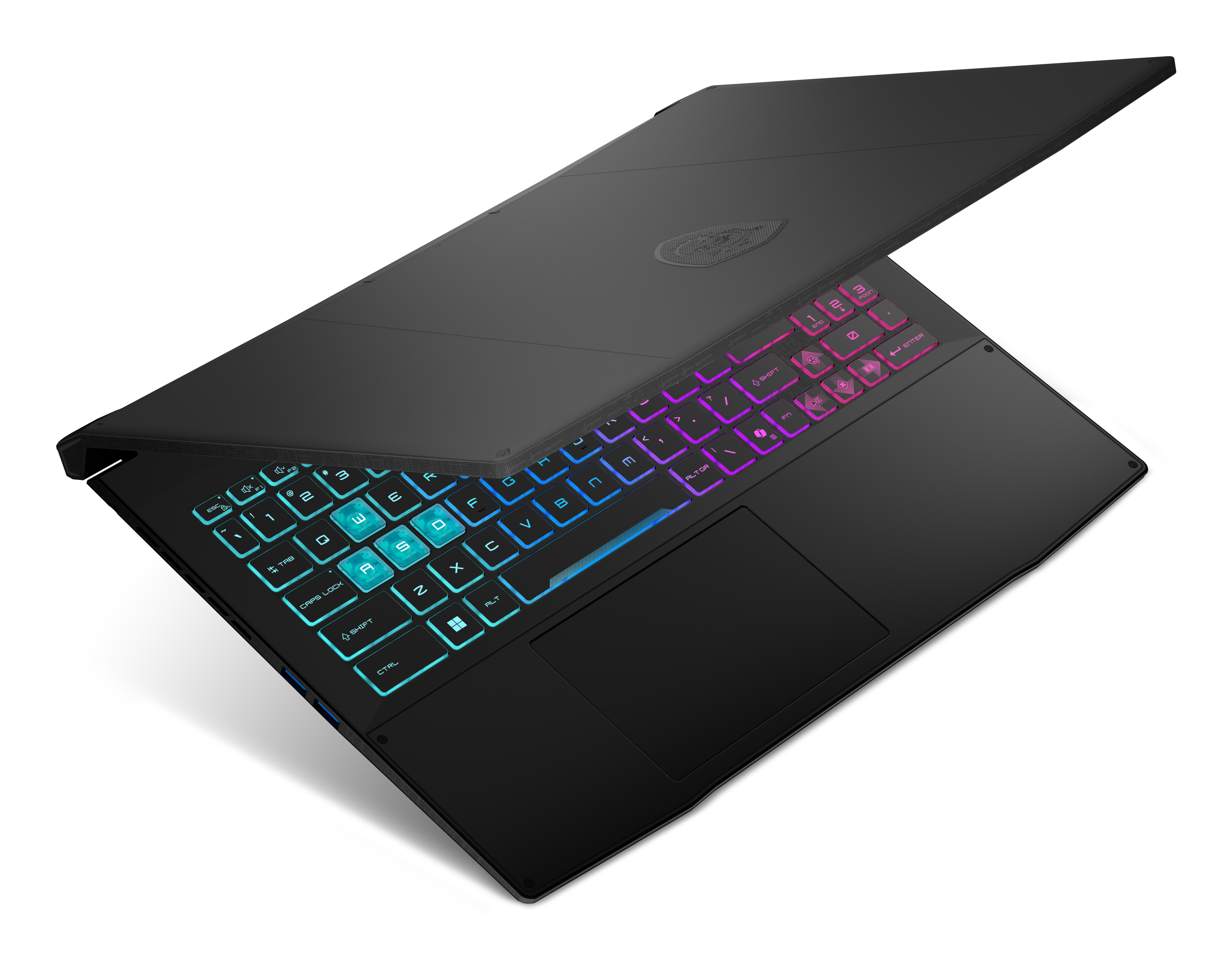 Ordinateur portable noir avec clavier rétroéclairé bleu et rose sur fond blanc.