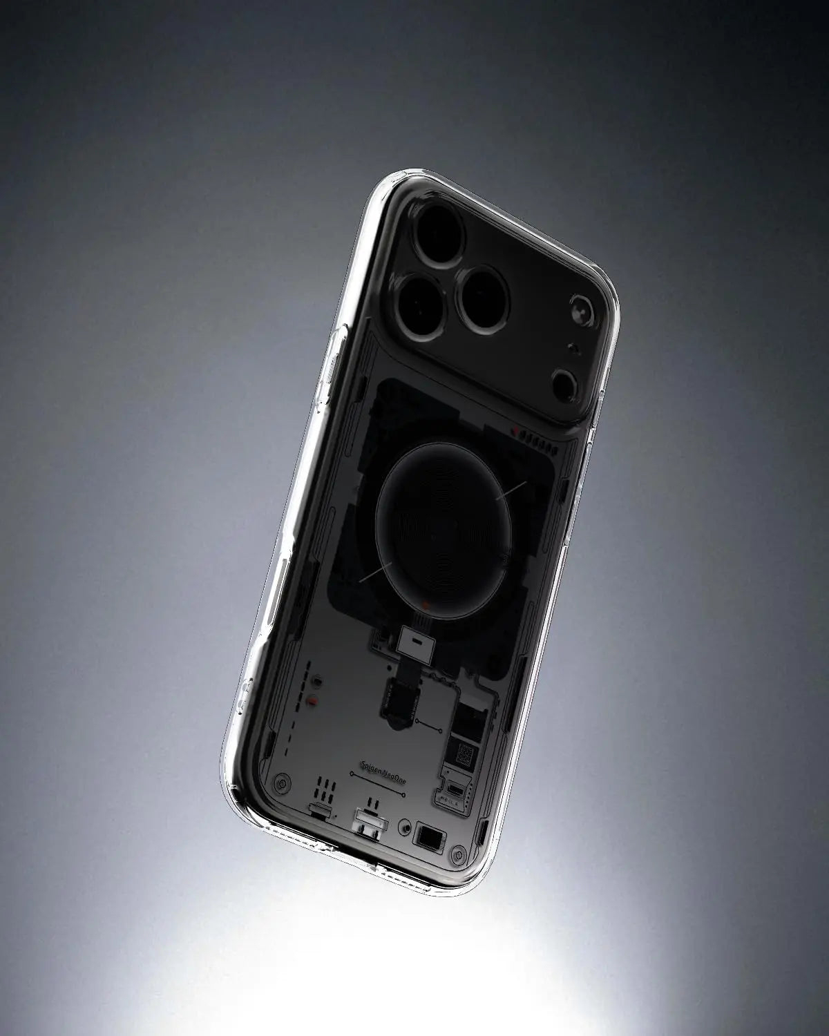 Custodia trasparente che mostra l'interno dello smartphone, fotocamere in alto.