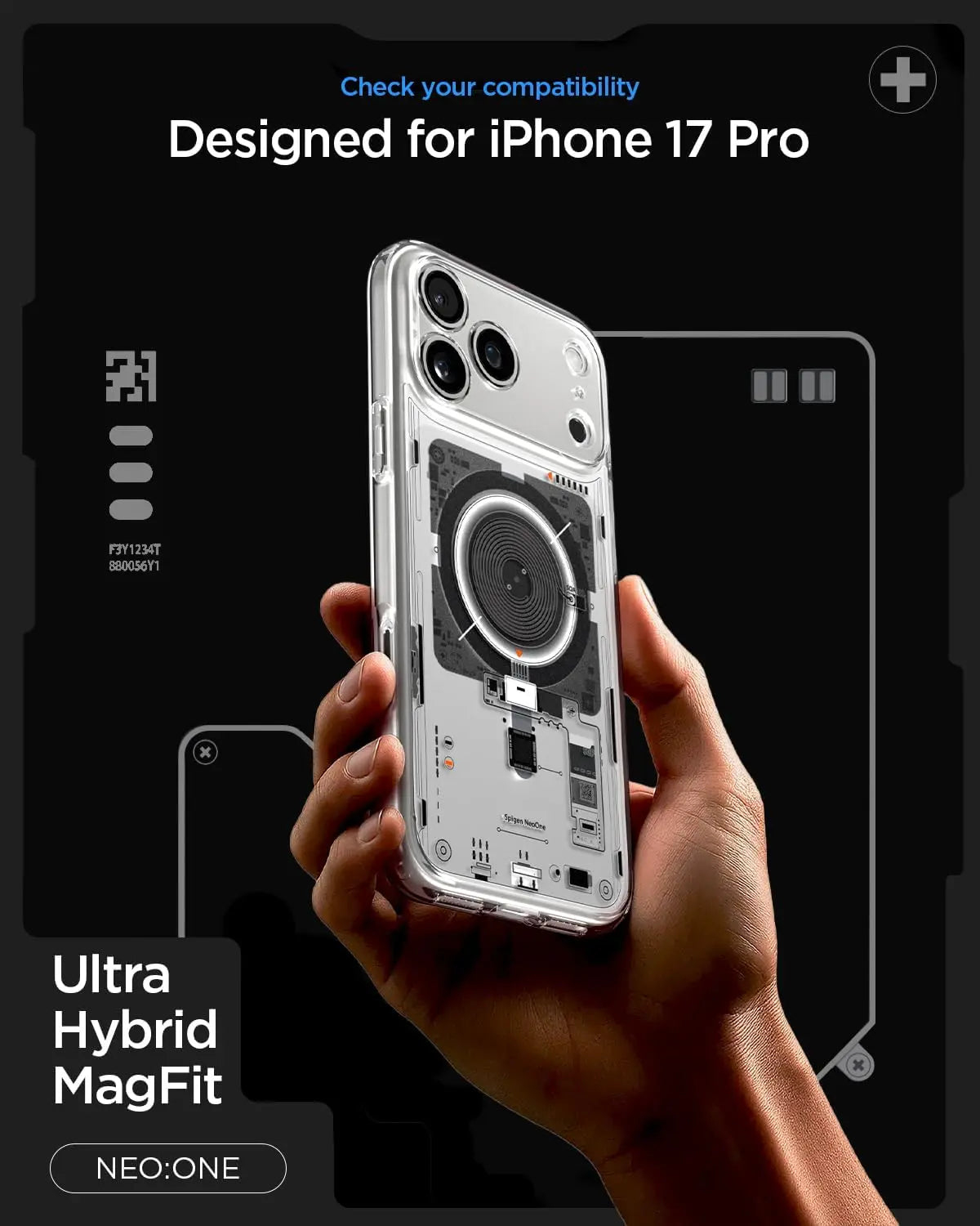 Una mano tiene una custodia trasparente per iPhone con tecnologia MagFit.
