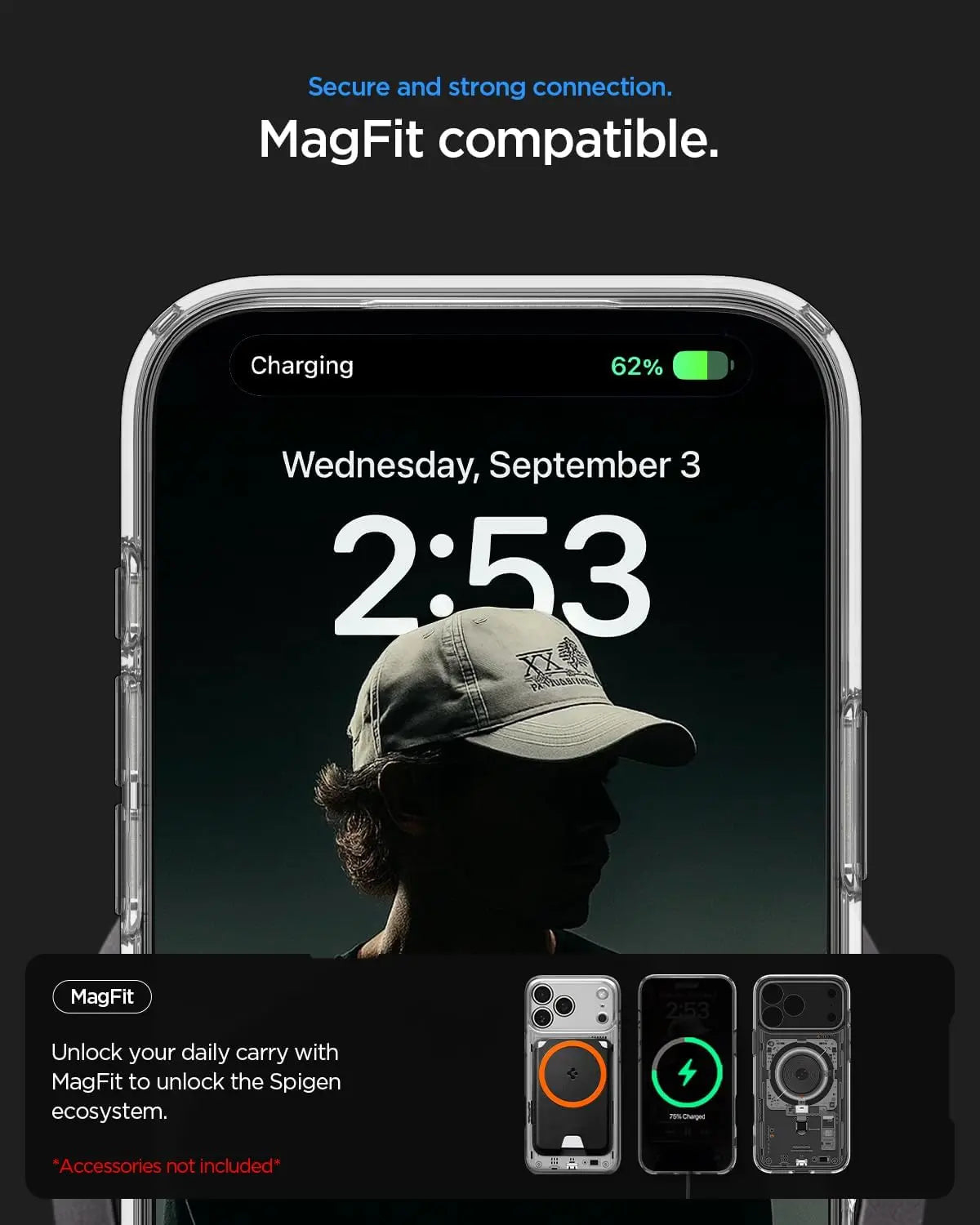 Schermo iPhone con ora, data, stato di carica e tre custodie.