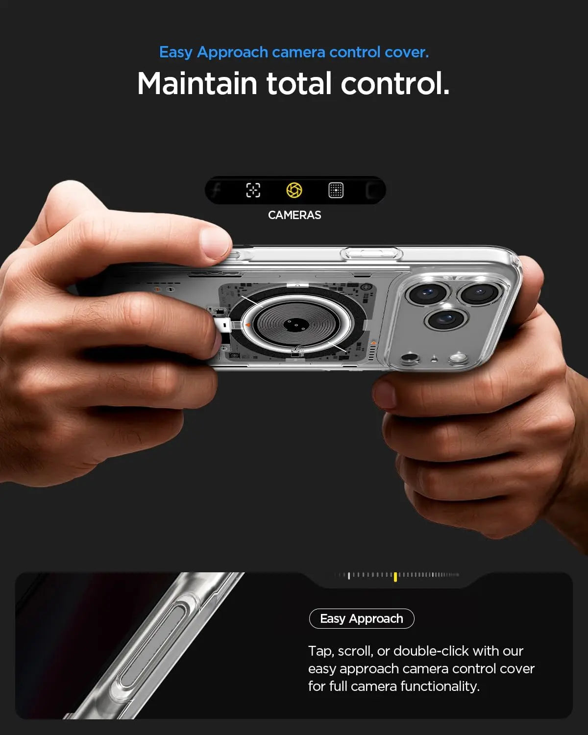 Mani tengono un telefono trasparente che mostra una copertura di controllo della fotocamera.