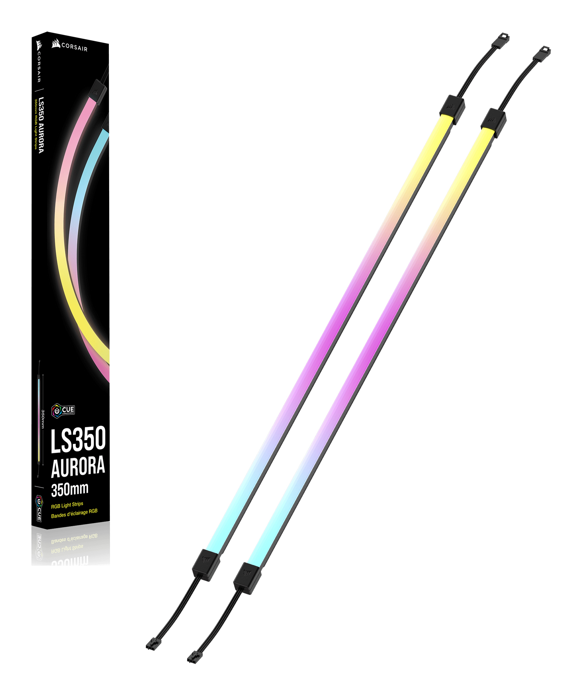 Zwei beleuchtete RGB-Streifen liegen diagonal, daneben eine Verpackung.